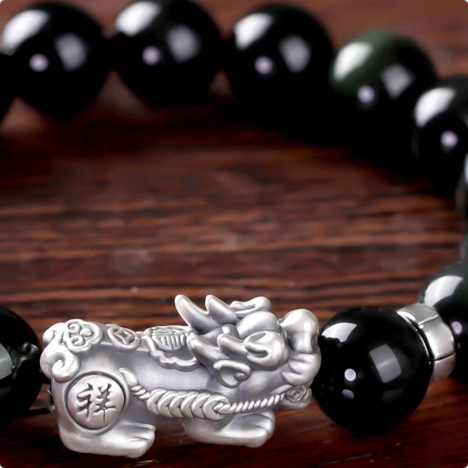 Braccialetto curativo Bracciale in argento con ossidiana, bracciale con perline di Buddha fortunato, perline rotonde, bracciale con perline elasticizzate, gioielli, prosperità, soldi, fortuna
