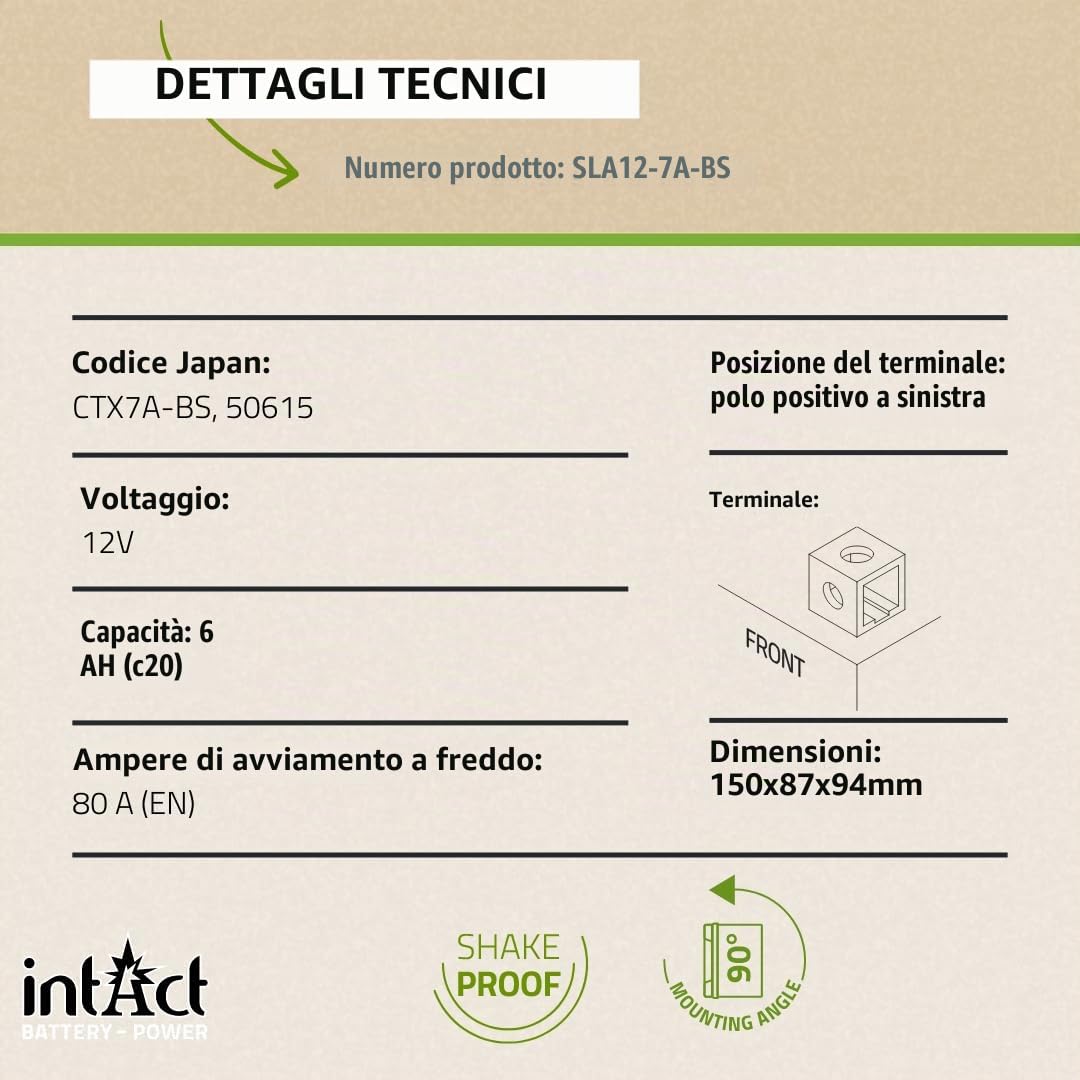intAct - BATTERIA AGM PER MOTOCICLI | Batteria per scooter, moto ecc. Batteria esente da manutenzione e a prova di perdite | SLA12-7Z-S, CTZ7-S, batteria da 12V, 6 AH (c20), 80 A (EN) | 113x70x105mm