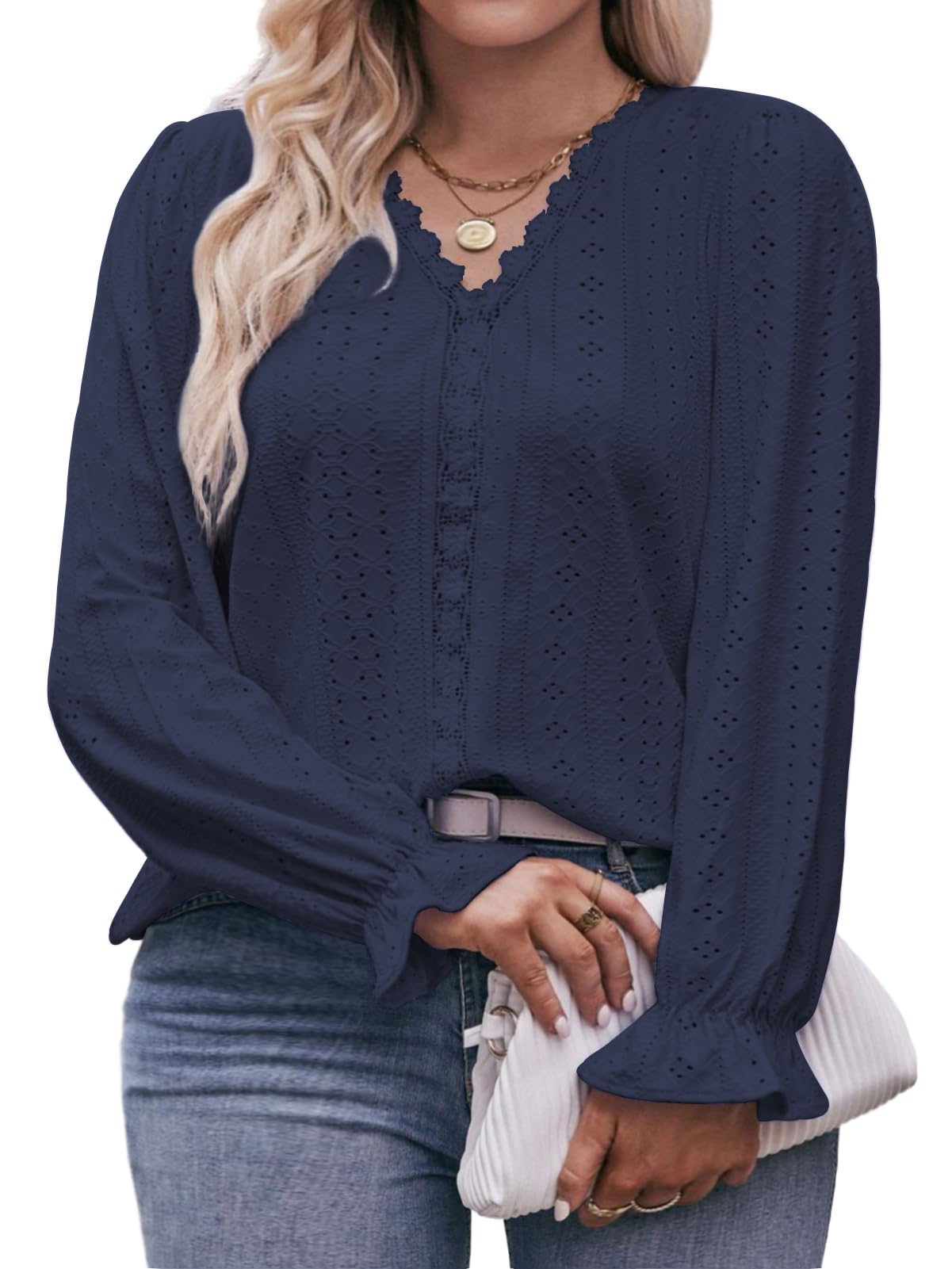 VOGRACE Plus Size Tops for Women V Neck Ruffle Long Sleeve Eyelet T Shirt Trendy Lace Crochet Casual Hollow Blouses Tees