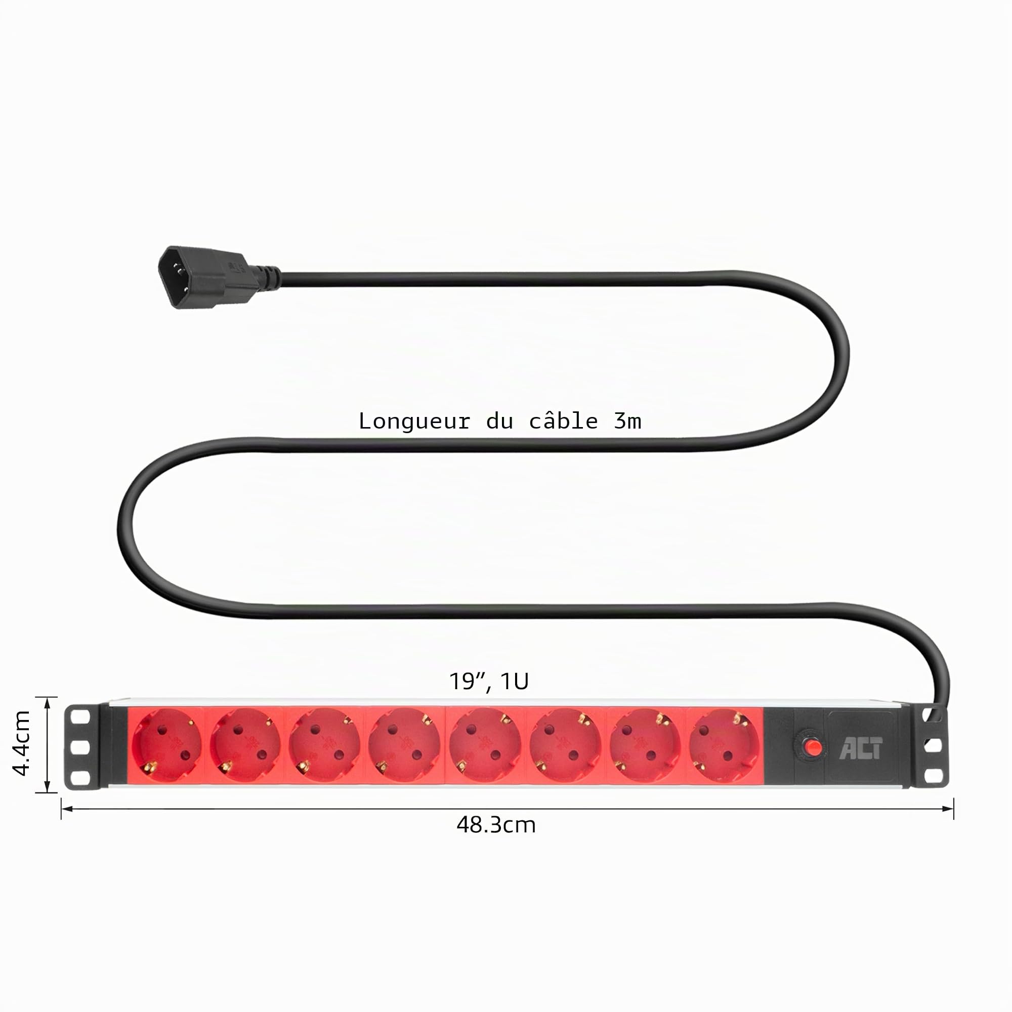 ACT Bloc multiprise 19" C14 IEC60320, 8 Prises, 10 A/2500 W, pour Armoire Serveur 19", PDU, Montage Mural, câble de 3 m, PD3004