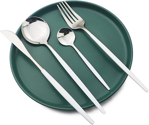 Miniatura 2 de Juego de cubiertos plateados con mango blanco, 24 piezas de acero inoxidable brillante, cubiertos para 6, aptos para lavavajillas