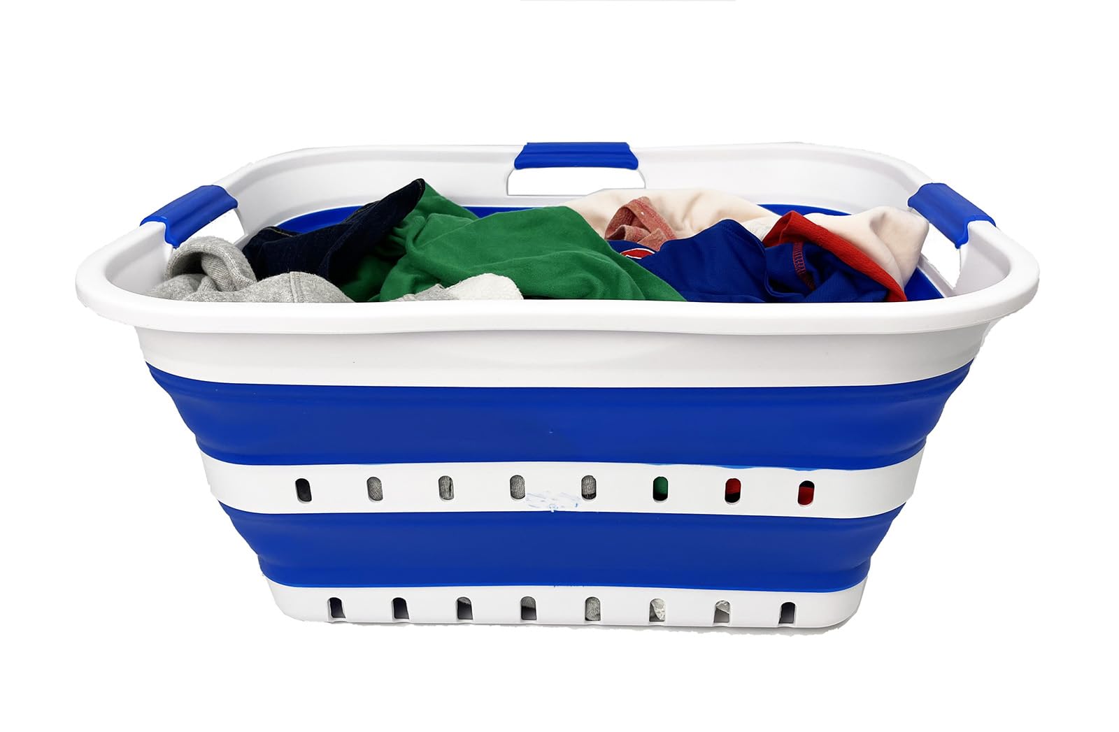 SAMMART Panier à linge pliable en plastique de 42 l - Panier de rangement pliable - Panier à linge portable - Peu encombrant (1, blanc/bleu foncé)
