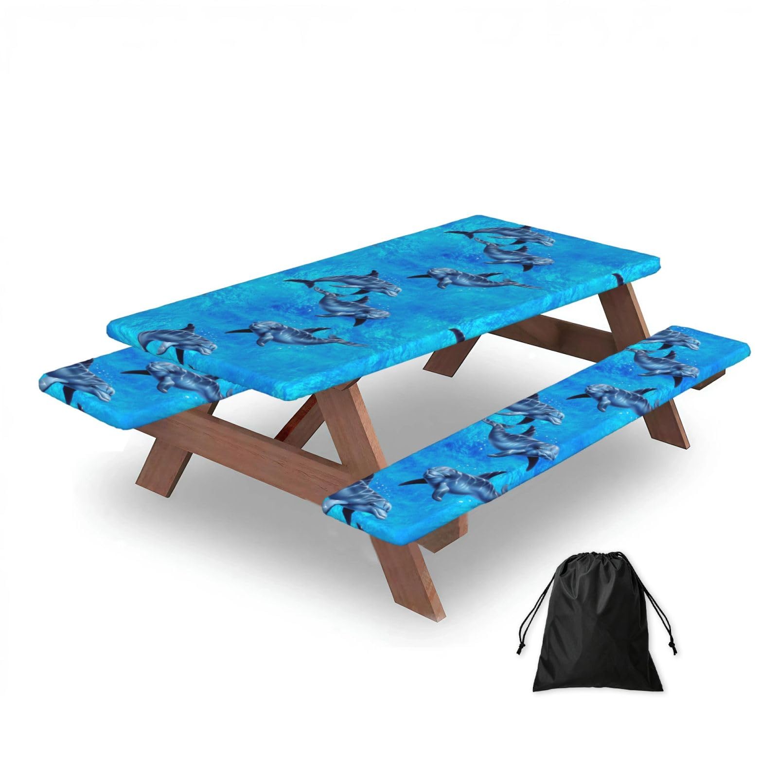 Dopklna As Picture Dolphins, Picnic Table Cover With Bench Covers -Waterproof Elastic Fitted Tablecloth For Garden Camping Patio 76X152cm