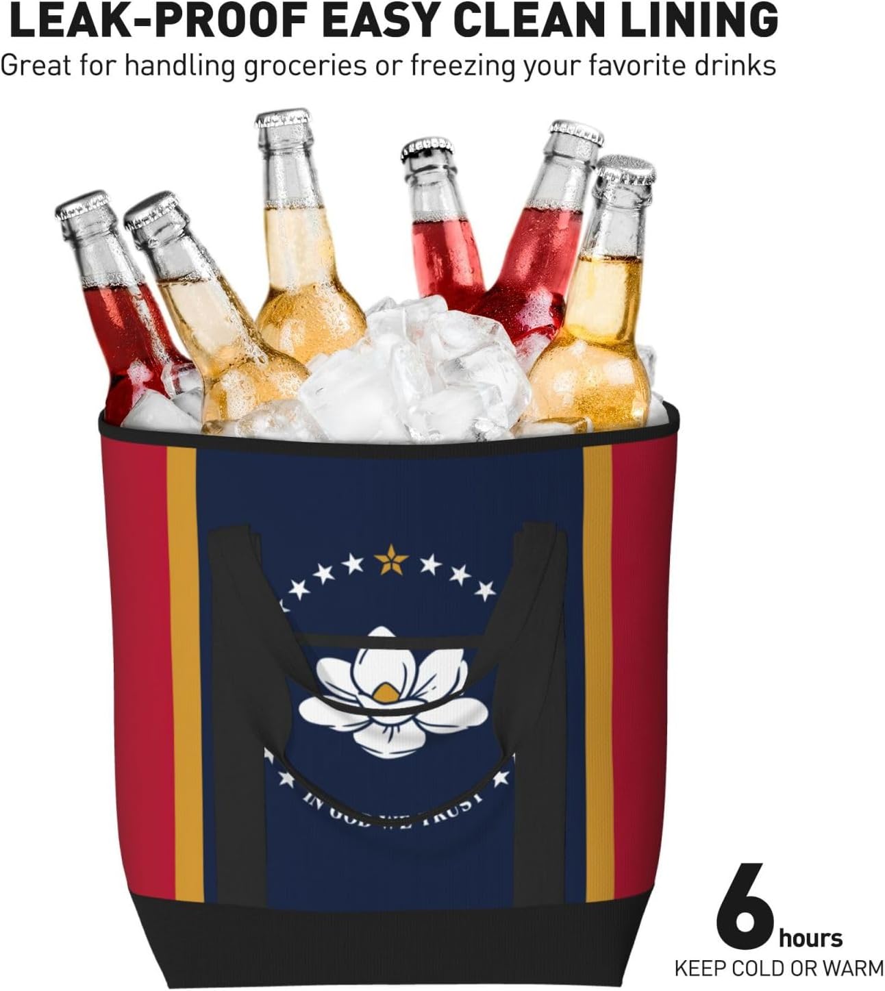 Mississippi State Flag Print Large Cooler Bag Tote Bag,Reusable Grocery Bag,Lunch Box Bag, For Picnic Beach Camping