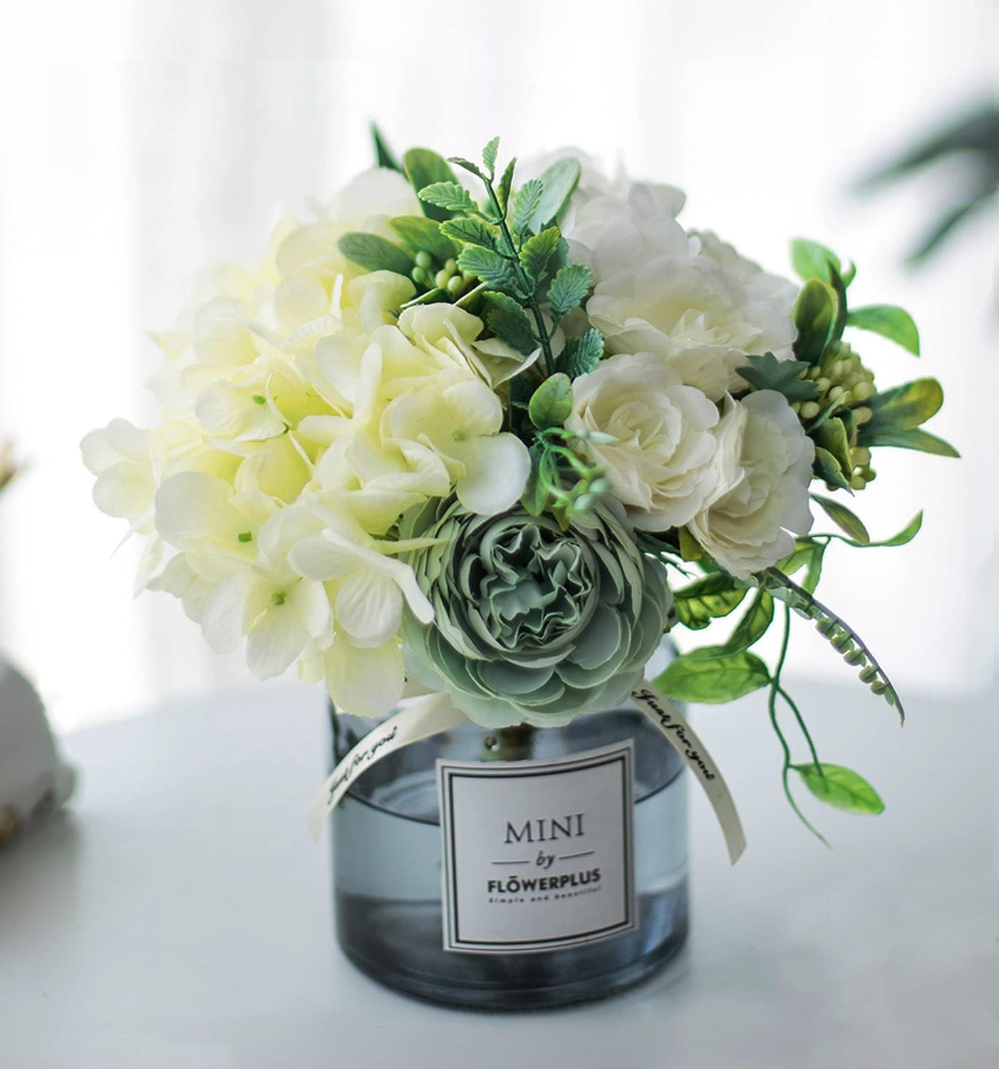 SYOSI Artificial Flowers With Vases, Fake Flowers Rose Bouquet Table Decoration, Hydrangea Artificial Flower Table Wedding Party Family Bedroom Living Room Table Decoration (White)