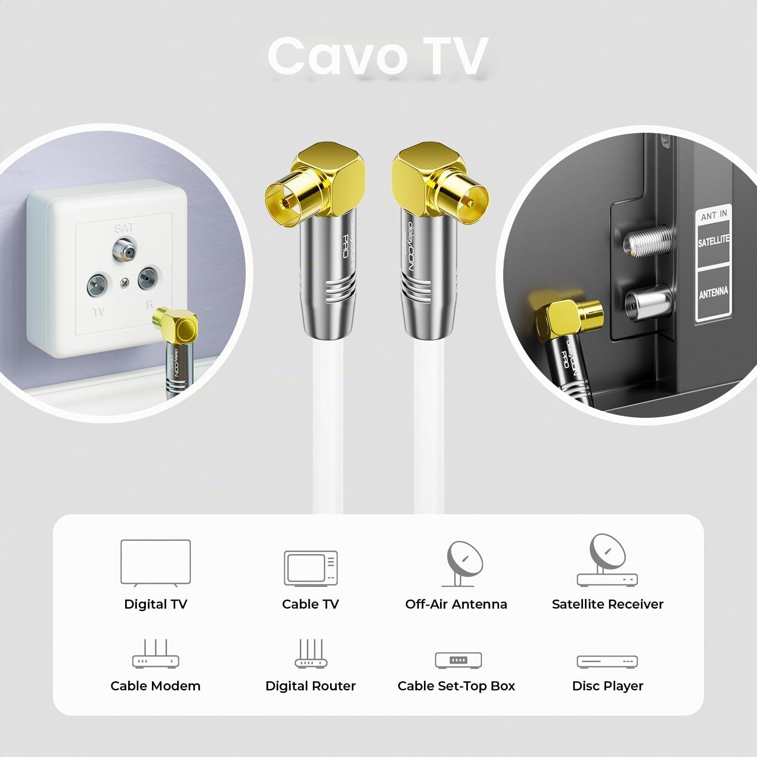 deleyCON 1m Cavo Antenna TV 4K - 4K Ultra HD Full HD HDTV - 2x Angolato - Cavo Coassiale - Spina IEC (90°) a Presa IEC (90°) - Connettori in Metallo - Bianco