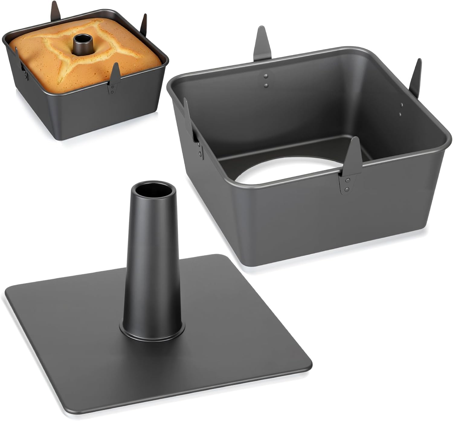 Vesici 10 Inch Square Tube Cake Pan with Cooling Feet Angel Food Cake Pan with Removable Bottom Non-stick Aluminum Alloy Pans for Baking Pound, Chiffon Cakes(Black)