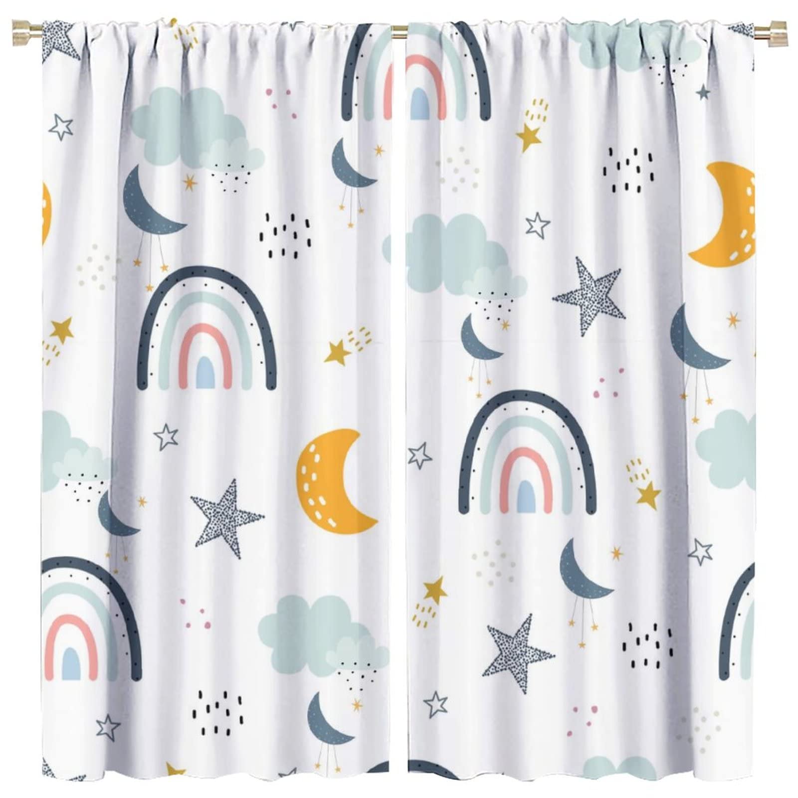 Abstract Bohemian Girls Rainbow Blackout Curtains,Nursery Boho Colourful Rainbow Cute Moon Clouds Printed Window Drapes - Thermal Insulated Noise