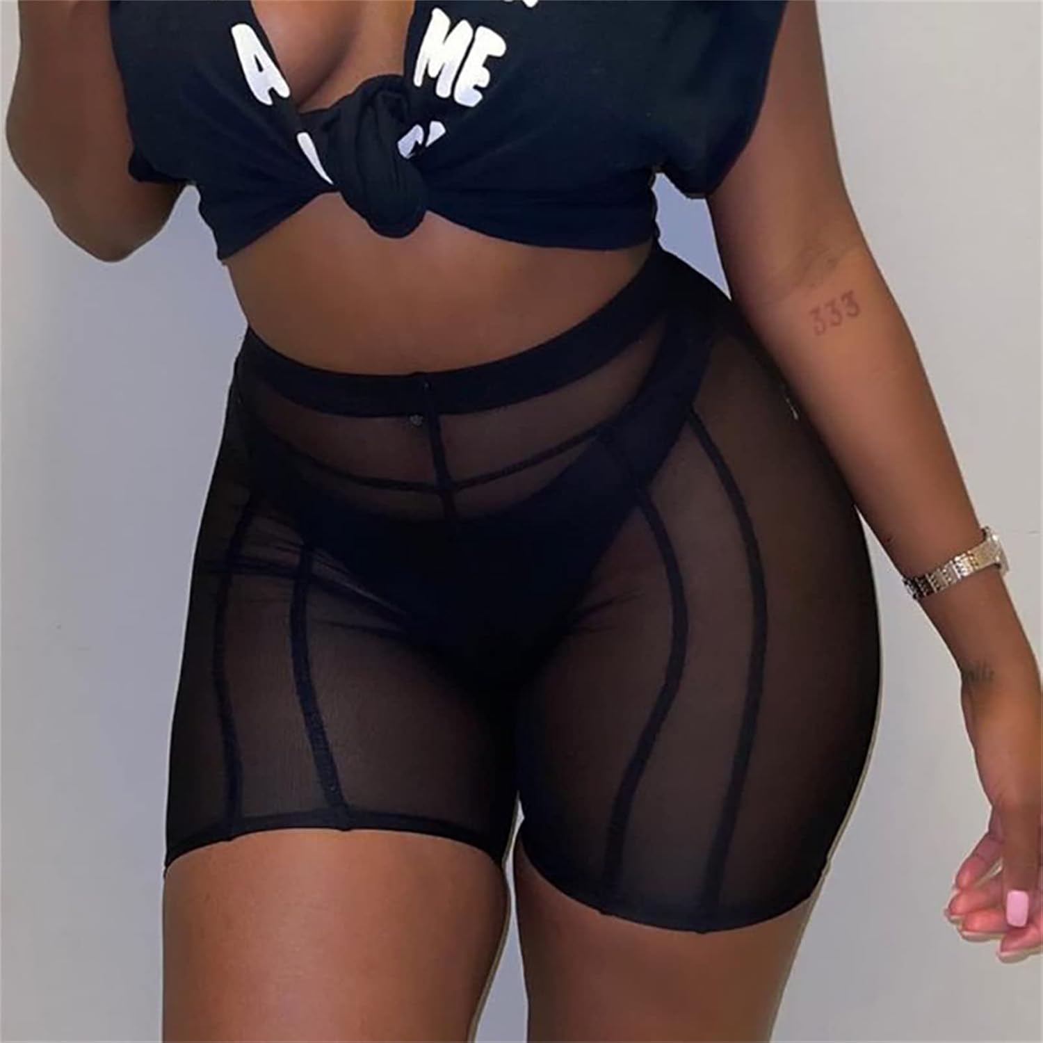 Atyfuniby Womens Sexy High Waisted Mesh See Through Skinny Shorts Leggings Club Streetwear - Image 4