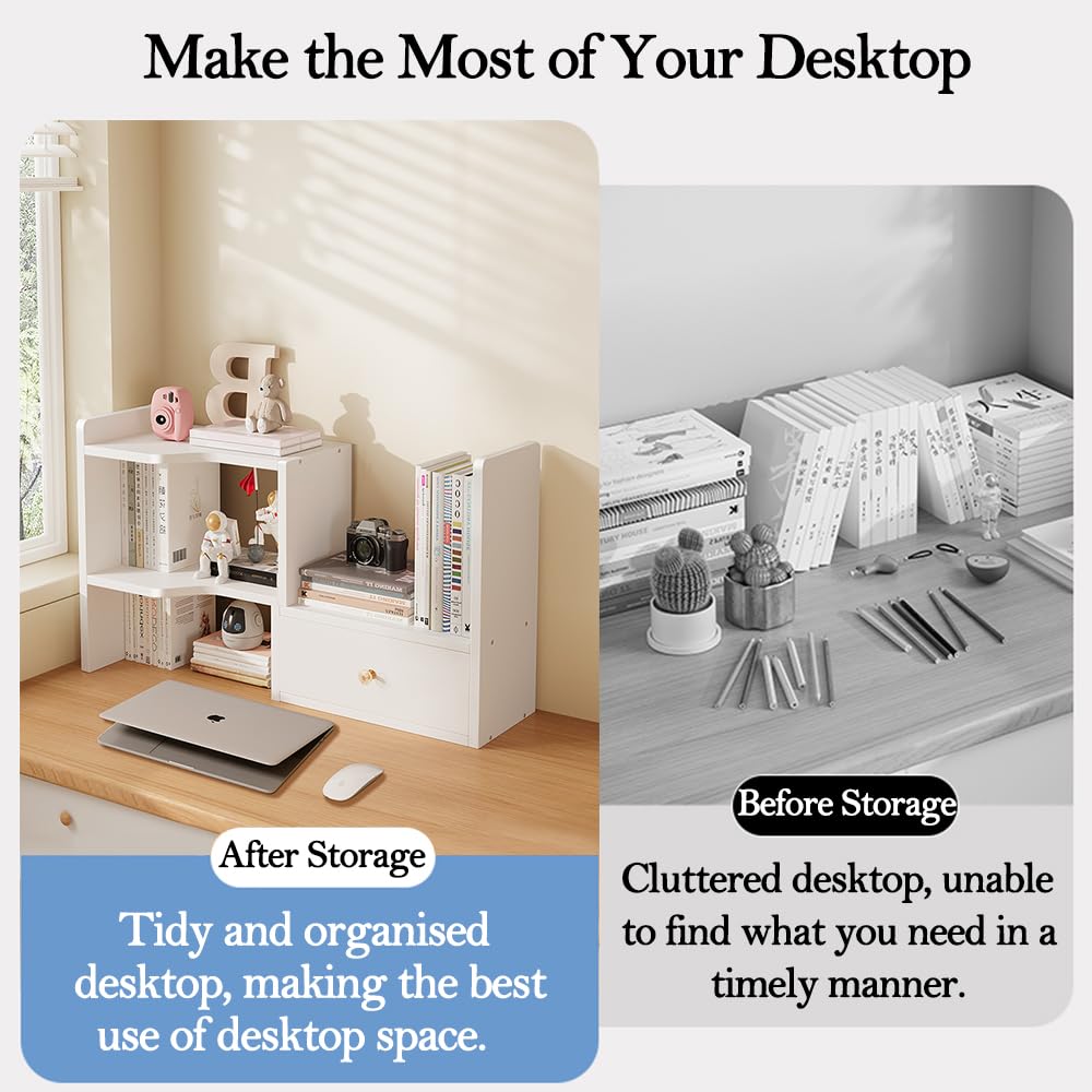 NUODWELL Étagère de bureau extensible, étagère de rangement de bureau réglable autoportante, organisateur de bureau pour le bureau et la maison (blanc)