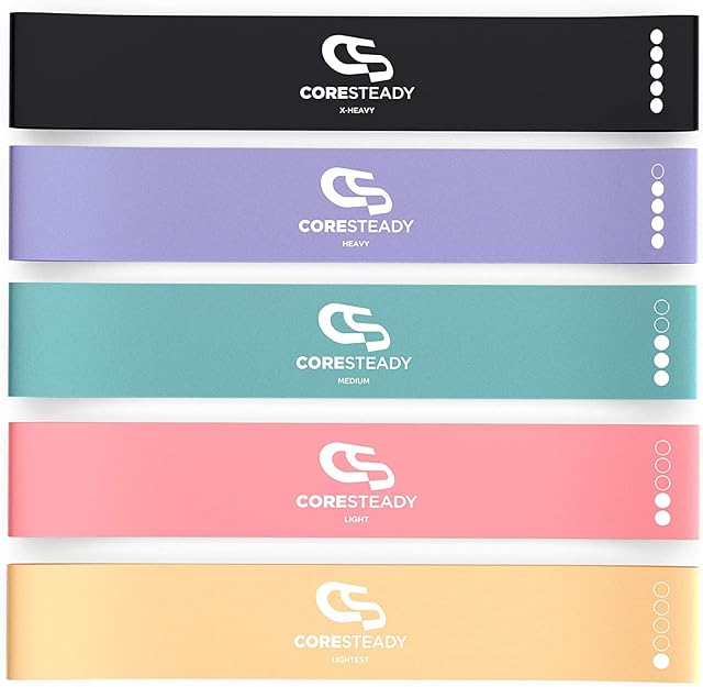 Coresteady Resistance Bands Set of 5 - Mini Fitness & Loop Exercise Band for Men & Women - Yoga, Body & Gym Sport Resistance Loop Bands for Strength, Muscle & Tone - With E-Guide & Travel Bag