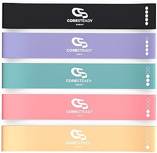 Coresteady Resistance Bands Set of 5 - Mini Fitness & Loop Exercise Band for Men & Women - Yoga, Body & Gym Sport Resistance Loop Bands for Strength, Muscle & Tone - With E-Guide & Travel Bag