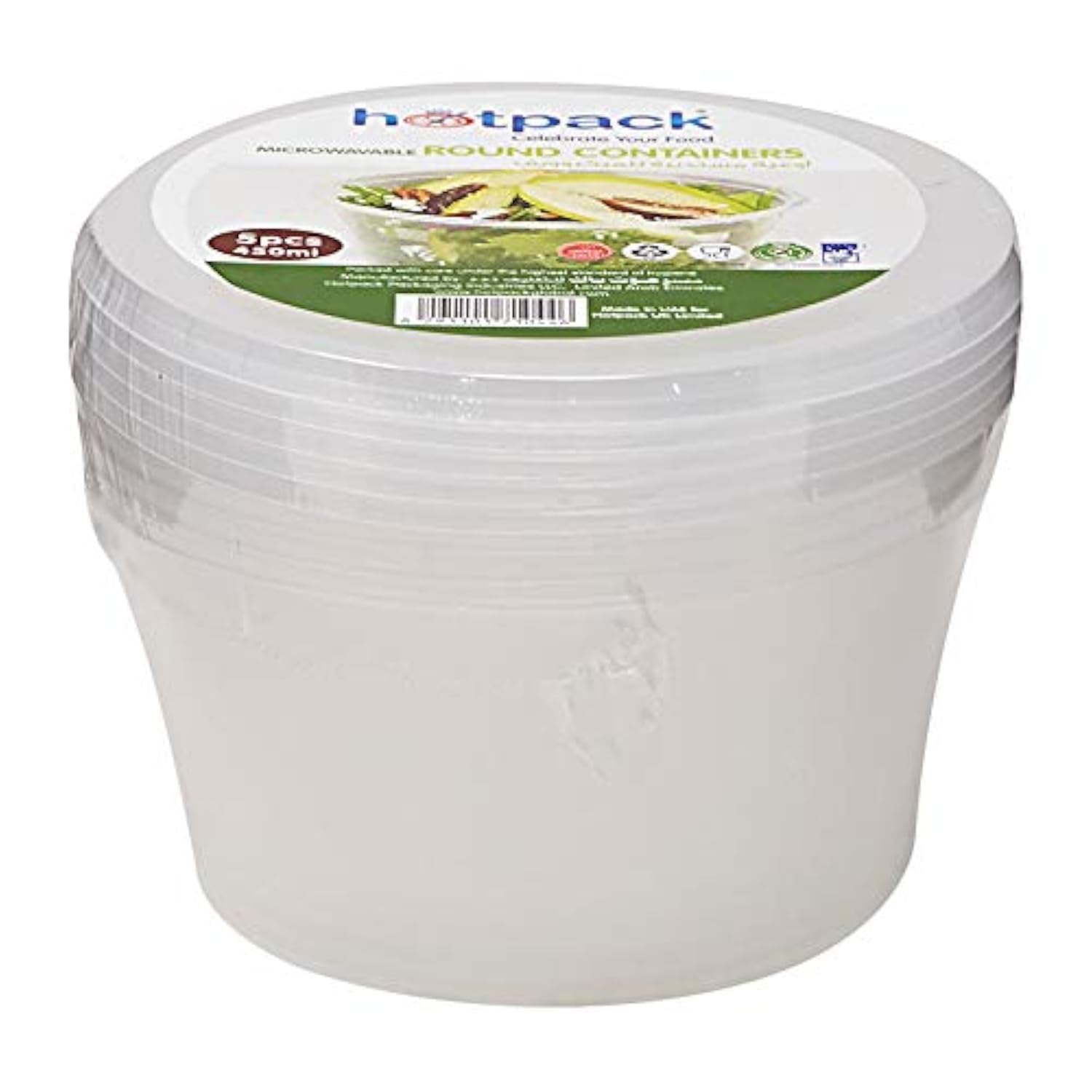Hotpack Disposable Microwavable Food Take away , Storage Round Container 450ml with Lid, 5 Pieces