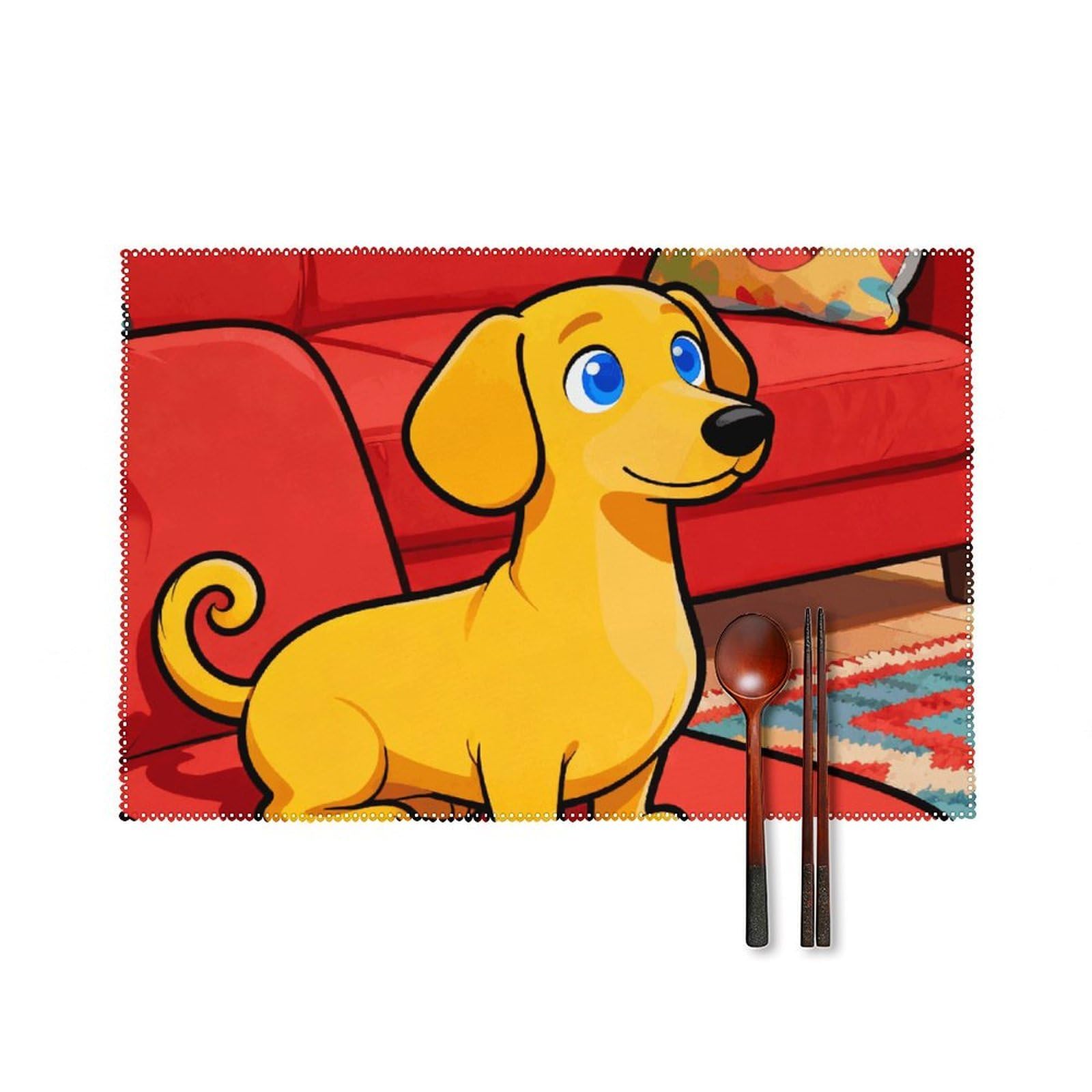 Dachshund Placemats Set of 6, 12x18 Inch Heat Resistant Washable Canvas Table Mats, Stain Resistant Decorative Dining Placemats for Kitchen, Restaurant, Outdoor Party