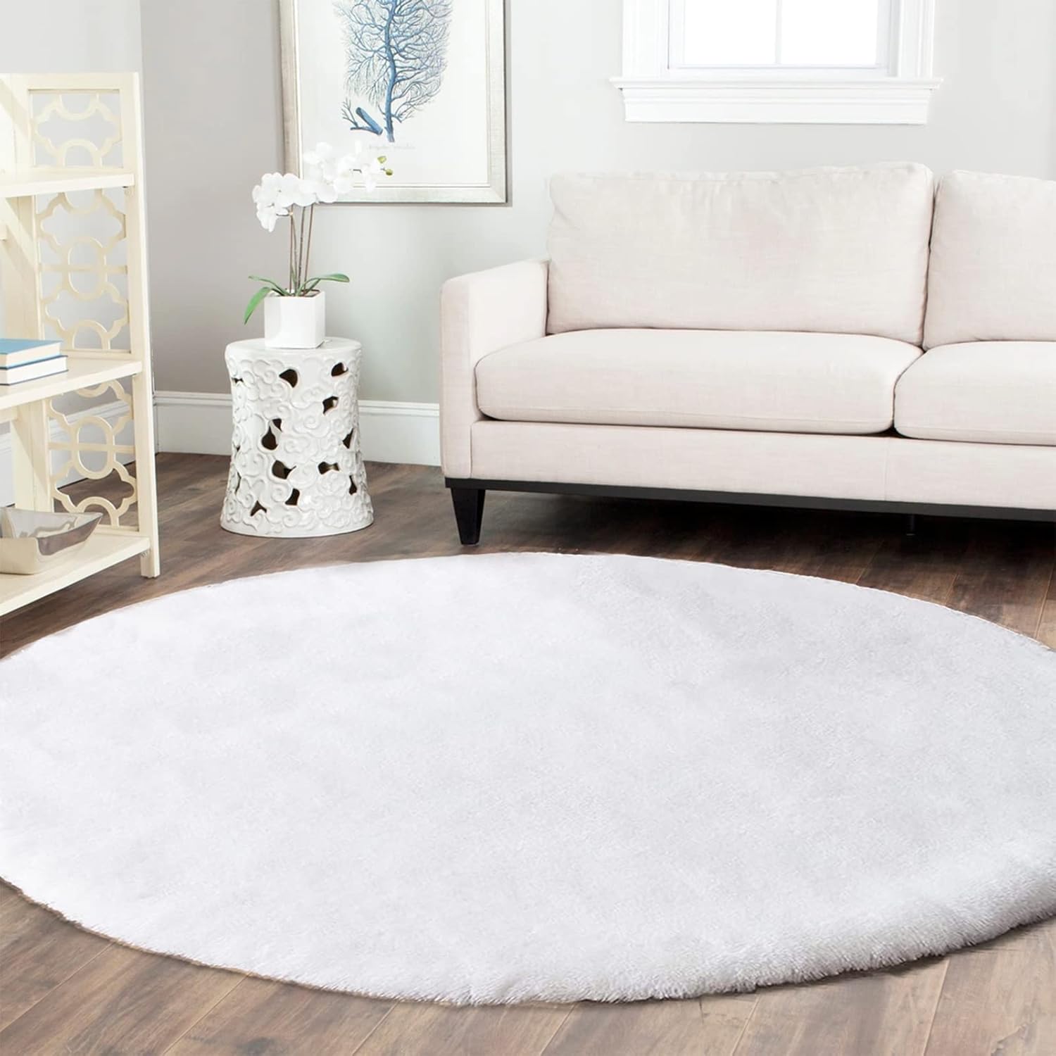 Latepis Round Furry Rug 5ft White Circle Rugs for Living