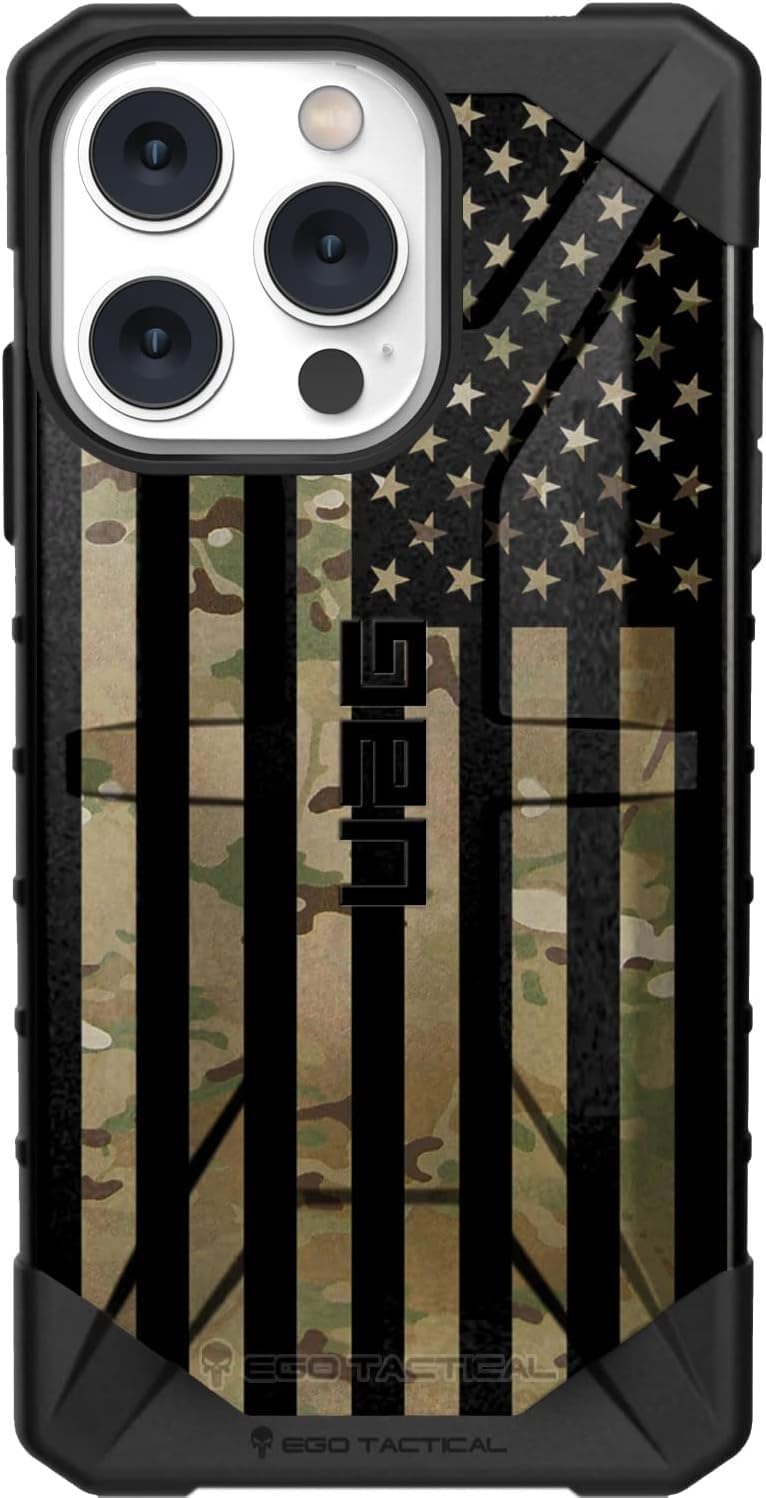 EGO TACTICALUAG Urban Armor Gear Case for iPhone 15 Pro Max [6.7" Screen] Limited Edition Printed in The USA Subdued US Flag Over Multicam Scorpion OCP Camouflage