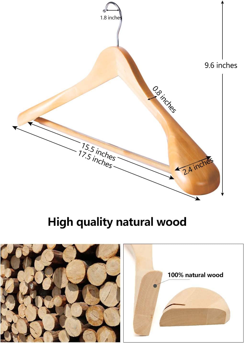 12 pack wide shoulder wooden hangers, suit hangers with non slip pants bar, smooth finish 360° swivel hook solid wood coat hangers for dress, jacket, pants, heavy clothes hangers(natural 12pcs) 12pcs natural