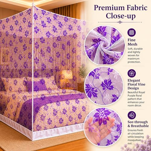 Image of Mosquito Net for King Size Bed & Double Bed, 6x7 Ft, Wall Hanging Machhardani, No Frame Required, Floral Vine Pattern, Premium Poly-Cotton Fabric, Soft Breathable Mesh for AC Rooms (Royal Purple Vine)