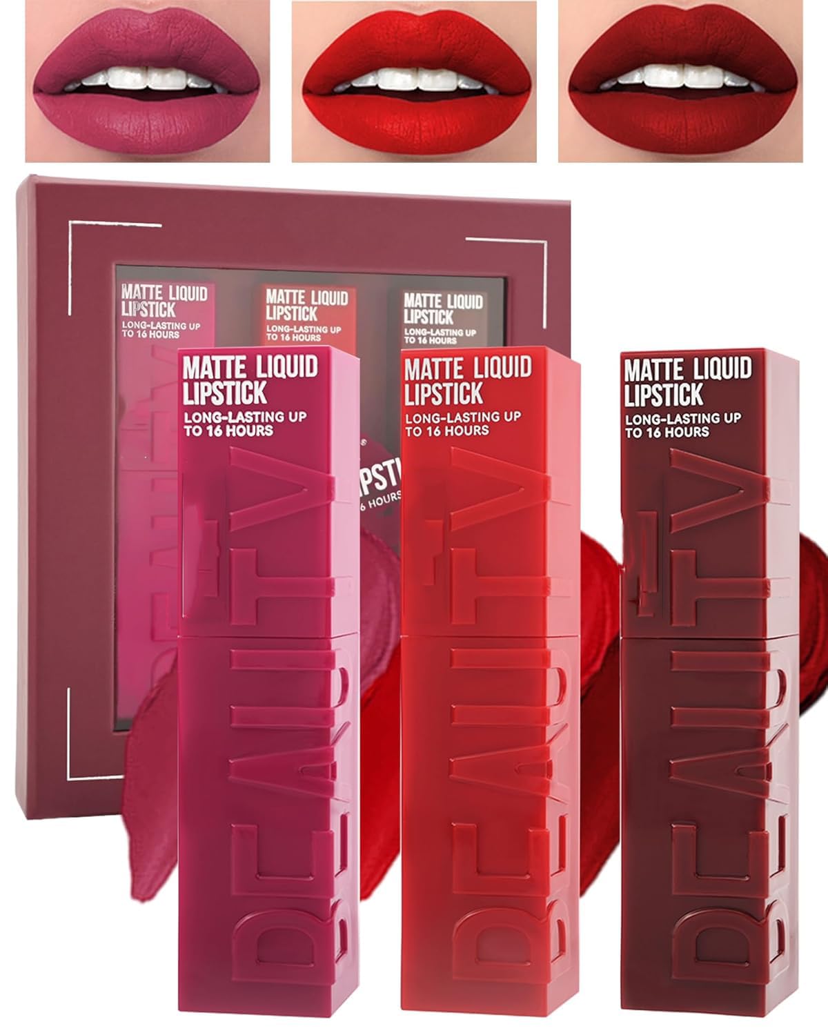 Matte Liquid Lipstick Kit, Super Velvet Tinted Gloss, Makeup Women Set Up to 16H Wear Lipgloss,Long Lasting Waterproof Non-Stick Cup Lipstain-3Pcs