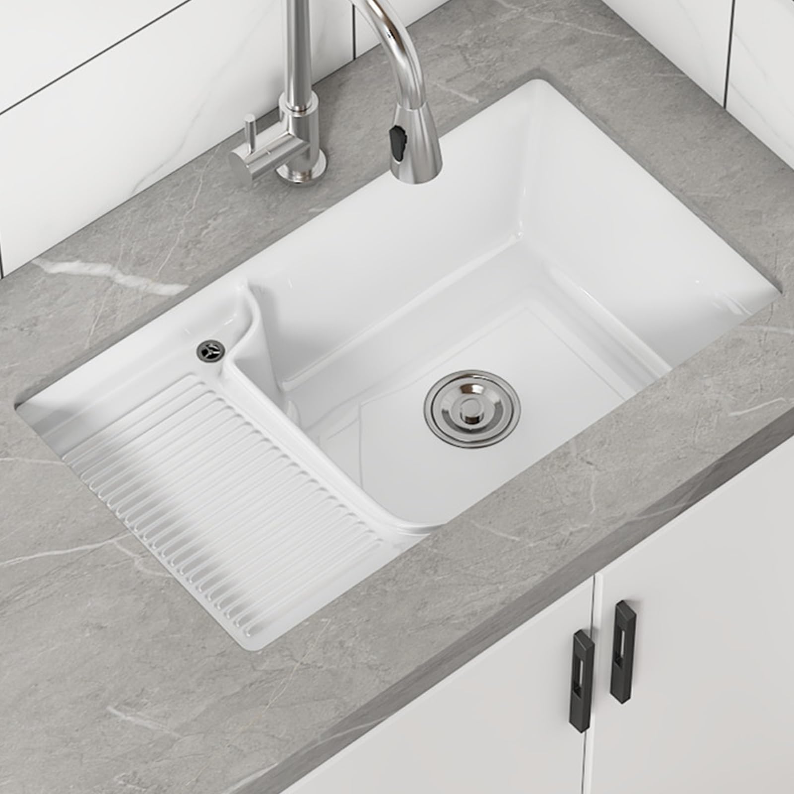 Lavandino per Il Bagno,lavatoio Lavanderia,Lavabo da Incasso in Ceramica con Assicella,con gocciolatoio e Tubo di Scarico, Adatto per bagni, WC, balconi e Cortili Esterni (Size : 74 * 42)
