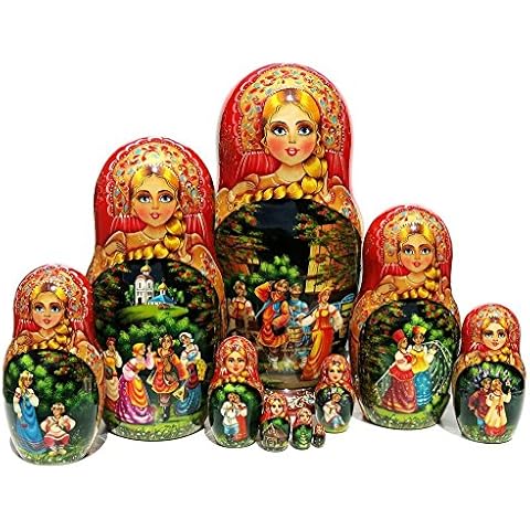 Great Russian Gifts Handmade and Hand-Painted Large 10 Inch Kalinka Nesting Doll 10 Piece Authentic Matryoshka Signed by Artist. One-of-A-Kind Work of Art Stacking Matryoshka Doll Cover