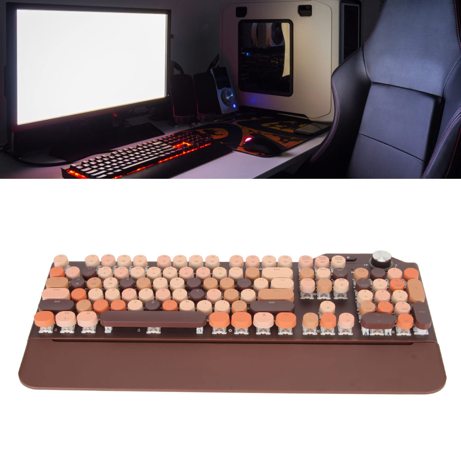 Mechaniczna Klawiatura do Gier do Pisania, Styl Retro Steampunk, z Podświetleniem LED 107 Klawiszy 2.4G BT5.1 USB Przewodowa 3 Tryby do Laptopa, Telefonów Komórkowych, Komputerów (Kawa)