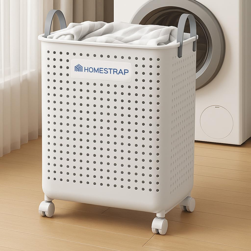 Homestrap Laundry Magic Mover Mini | Foldable Laundry Basket with Wheels & Handles | Breathable Storage Organizer for Clothes, Toys & Daily Essentials | Mini White
