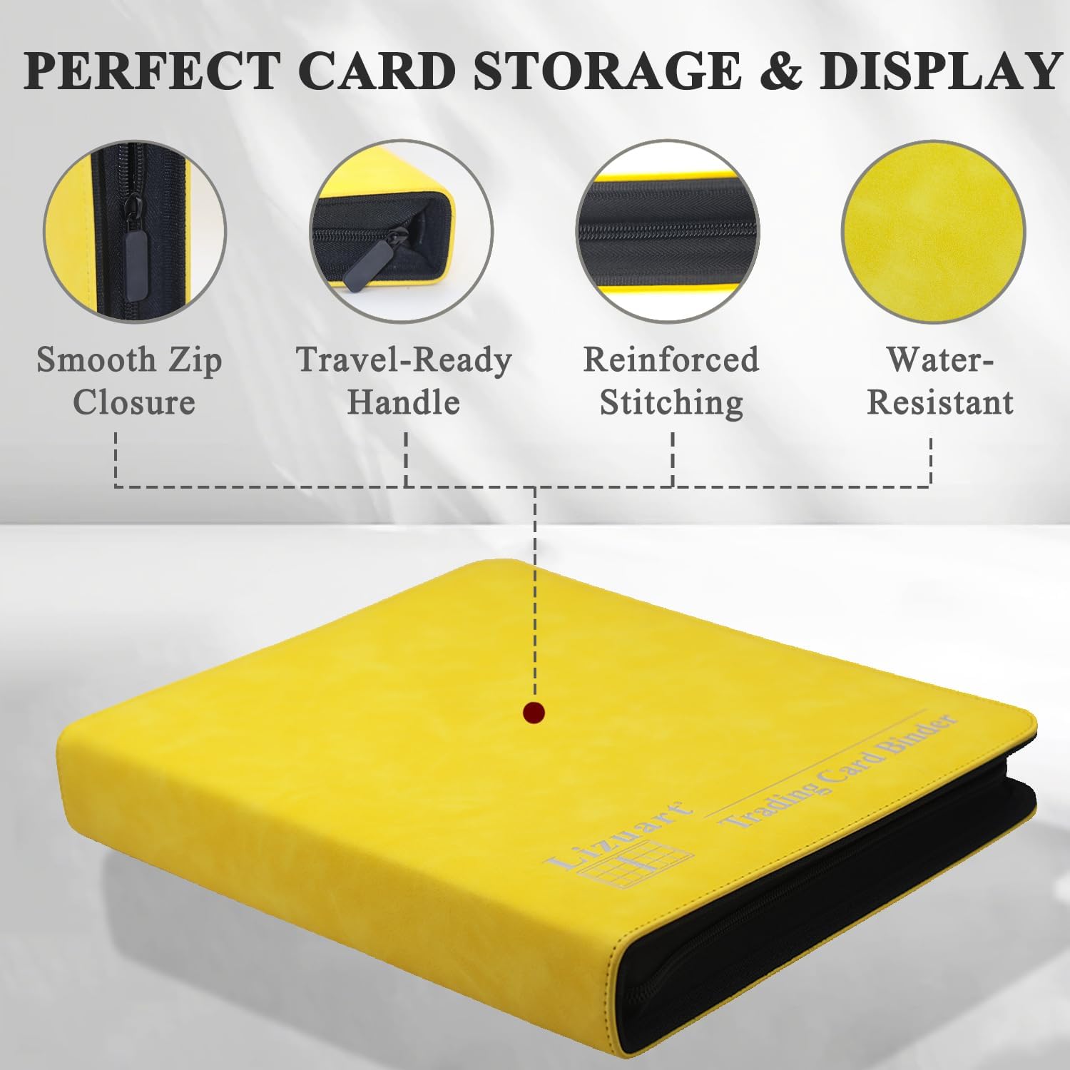 Trading Card Binder, 3-Ring 9-Pocket Zipper Binder for Baseball Cards, Sports Cards, TCG/CCG (MTG, Football, Basketball), 20 Black Leatherette Sheets, Side Load (Yellow, O-Ring)