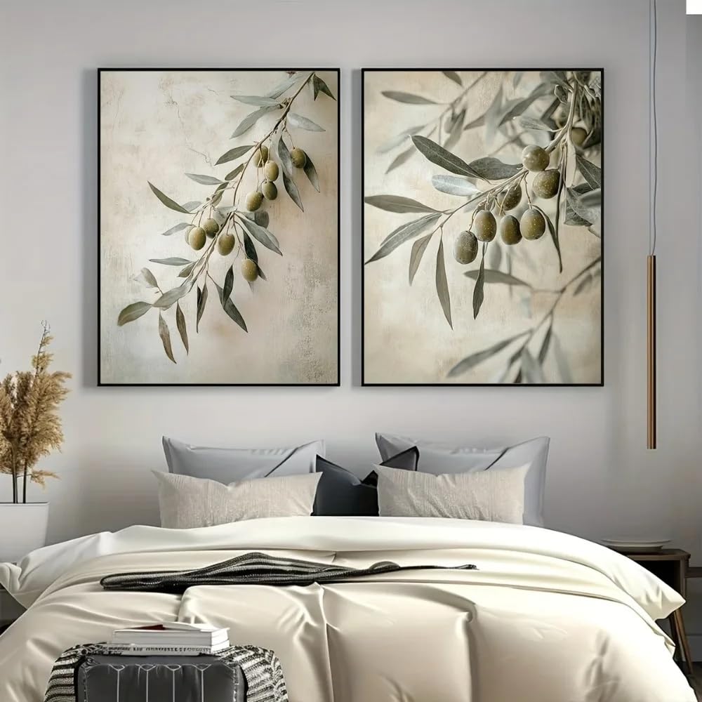 Ltjiajuypd Frameless Olive Branch Canvas Prints Paintings Retro Mediterranean Plant Decor Green Leaves And Posters(60X90cm-2Pcs)