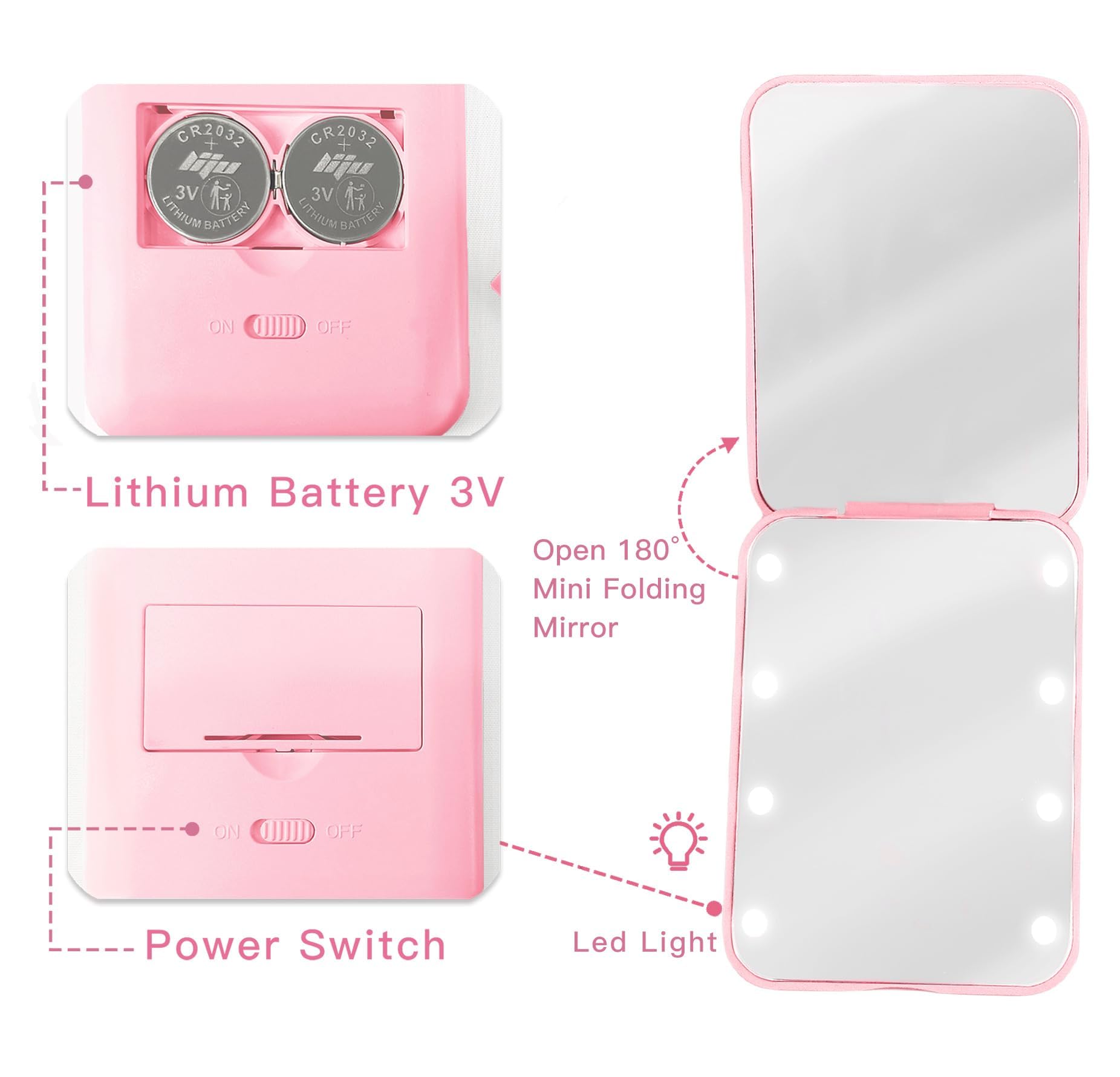 Espejo de bolsillo personalizado, accesorios de viaje, bonito espejo de maquillaje de viaje rosa de 2 lados con aumento, pequeño espejo compacto plegable portátil con inicial de perla preparada