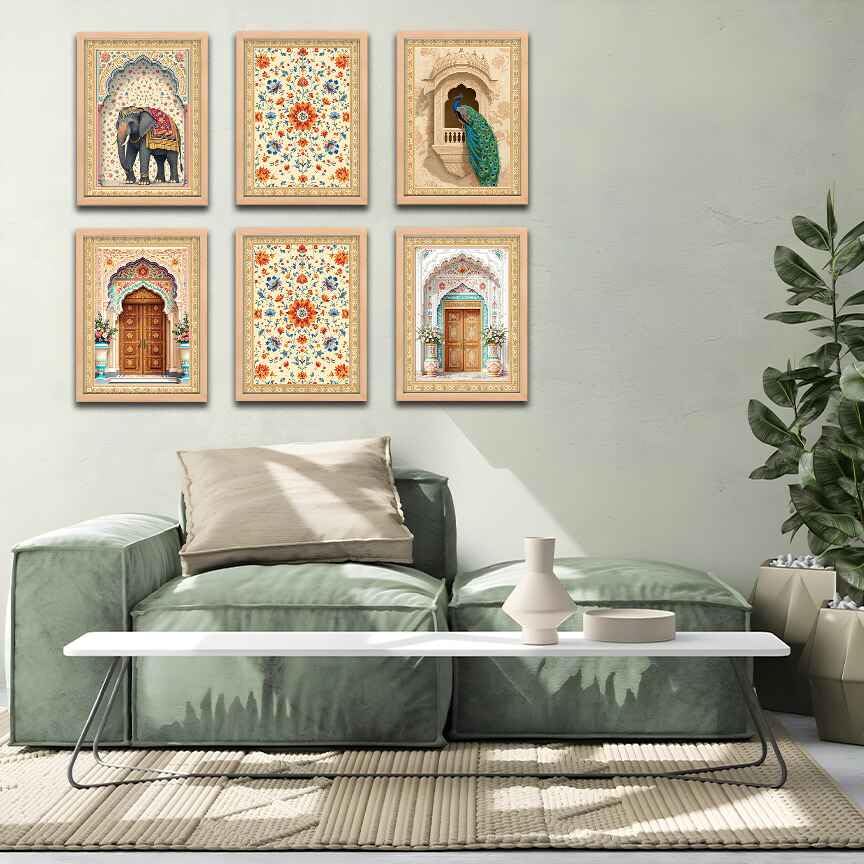 Image of NoWorries Wall Art Hangings /Paintings for Wall decoration - Decorative Wall frames for Living room /Bedroom Office - Traditional Indian Wall Posters with Frame ''300 GSM Premium Poster Paper Print'' (Pattern-Traditional Art) Synthetic Wooden Frames Set of 6 (10x13inches inchMulticolor inch) (ART-11)