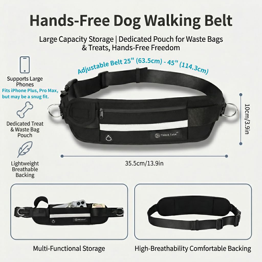 Tails & Tales Correa para perro manos libres con riñonera, asas acolchadas dobles y tira reflectante, elástica que absorbe los golpes para perros grandes y medianos de hasta 100 libras, correr
