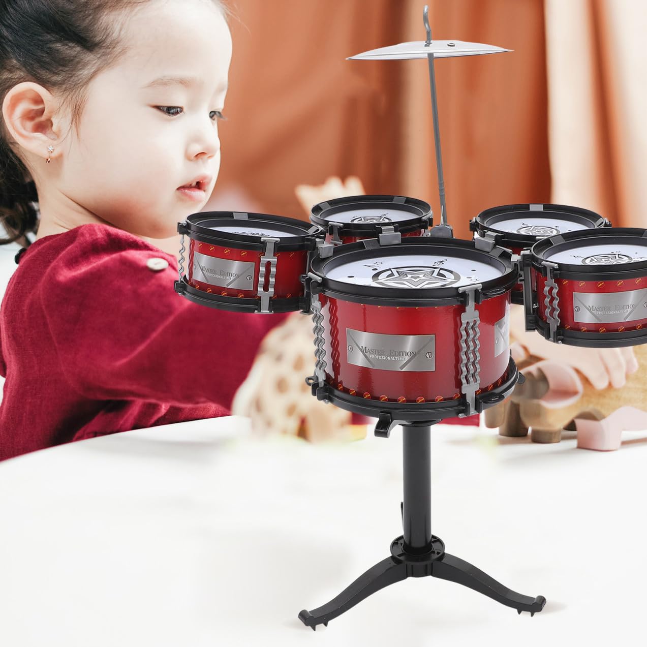 Yardwe Mini Percussion Set con Tamburi Rosso per Educazione Musicale Infantile Strumento a Percussione Sicuro e Durevole per Ragazzi
