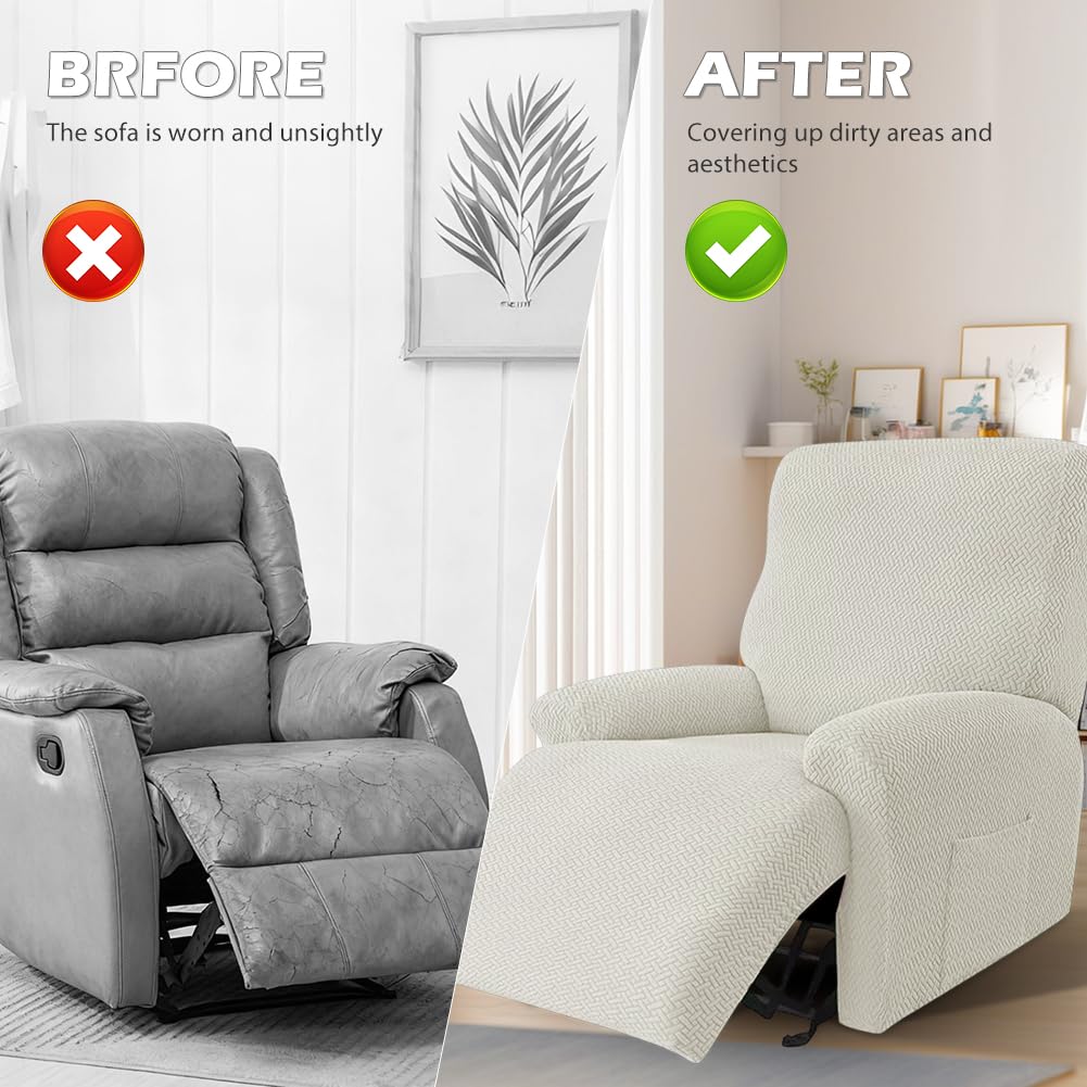 Set di 4 coprisedia per poltrona relax, copertura stretch completa, coprisedia lavabile con tasche, coprisedia per poltrona, fodera per divano, per poltrona relax (Beige)