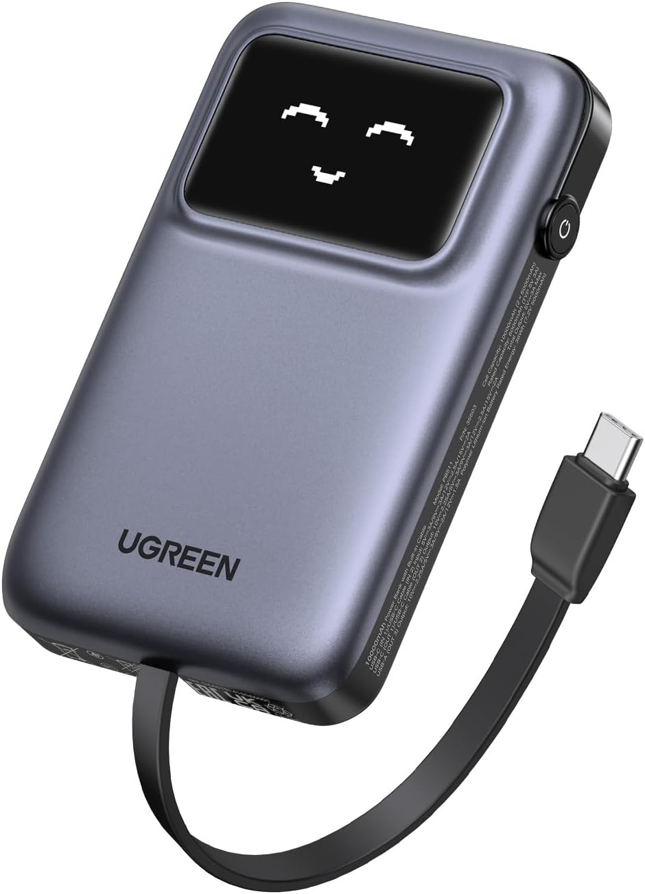 Uno Power Bank with Built-in USB-C Cable 10,000mAh Portable Charger PD 30W Fast Charging Battery Pack 3-Way Output with TFT Display for iPhone 17/16 Series, Galaxy S21-25, Pad Pro, AirPods, etc