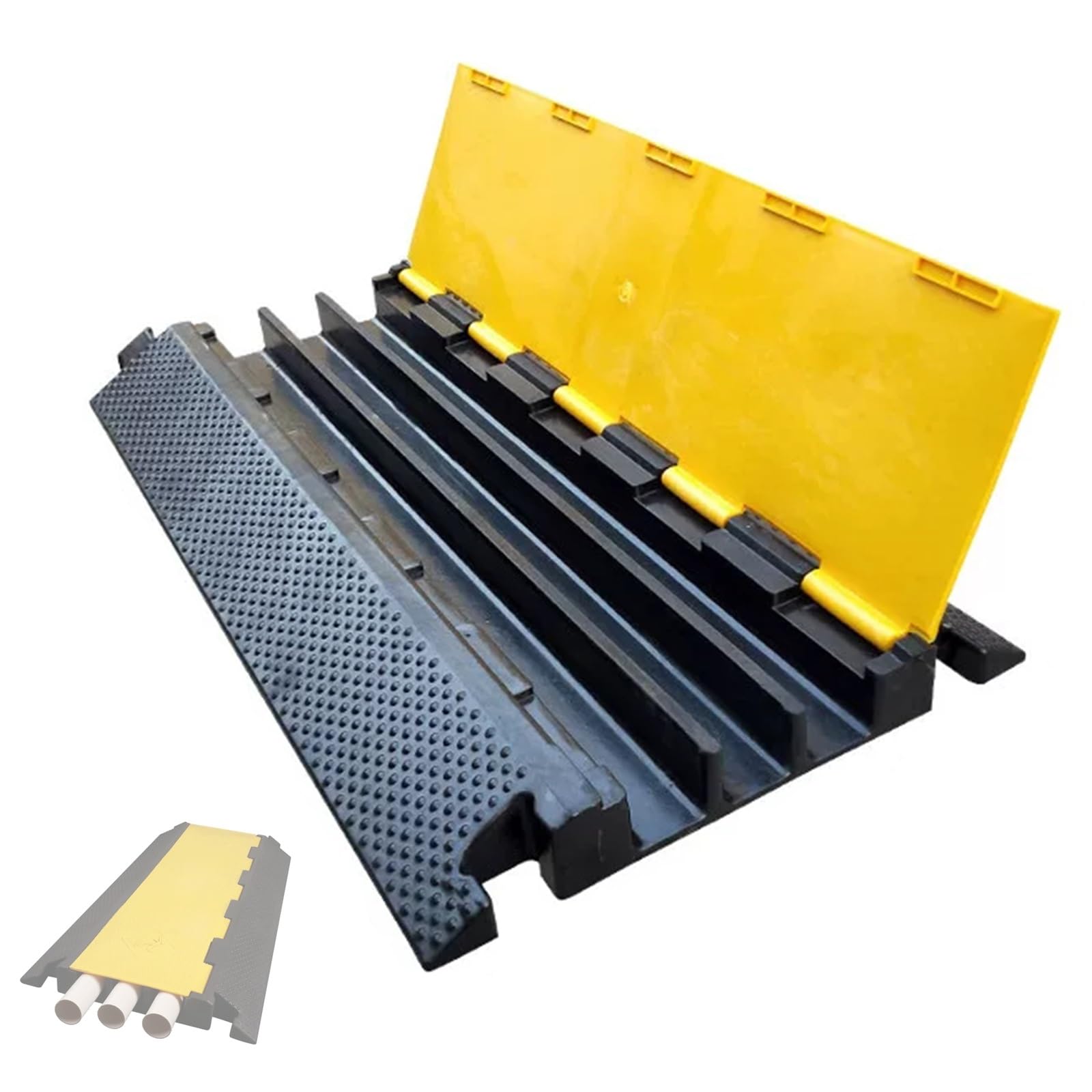 Pasacables Suelo de 3 Canales, Protector de Cable para Exteriores, Reductor de Velocidad de Goma, 90x49x6.5 cm, Capacidad de 5 Toneladas, para Grava, Asfalto y Hormigón