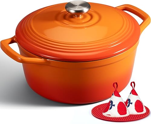 Vista 63 de Overmont Horno holandés de hierro fundido esmaltado de 5.5 cuartos de galón con tapa, cacerola resistente con asas dobles para estofar, guisos
