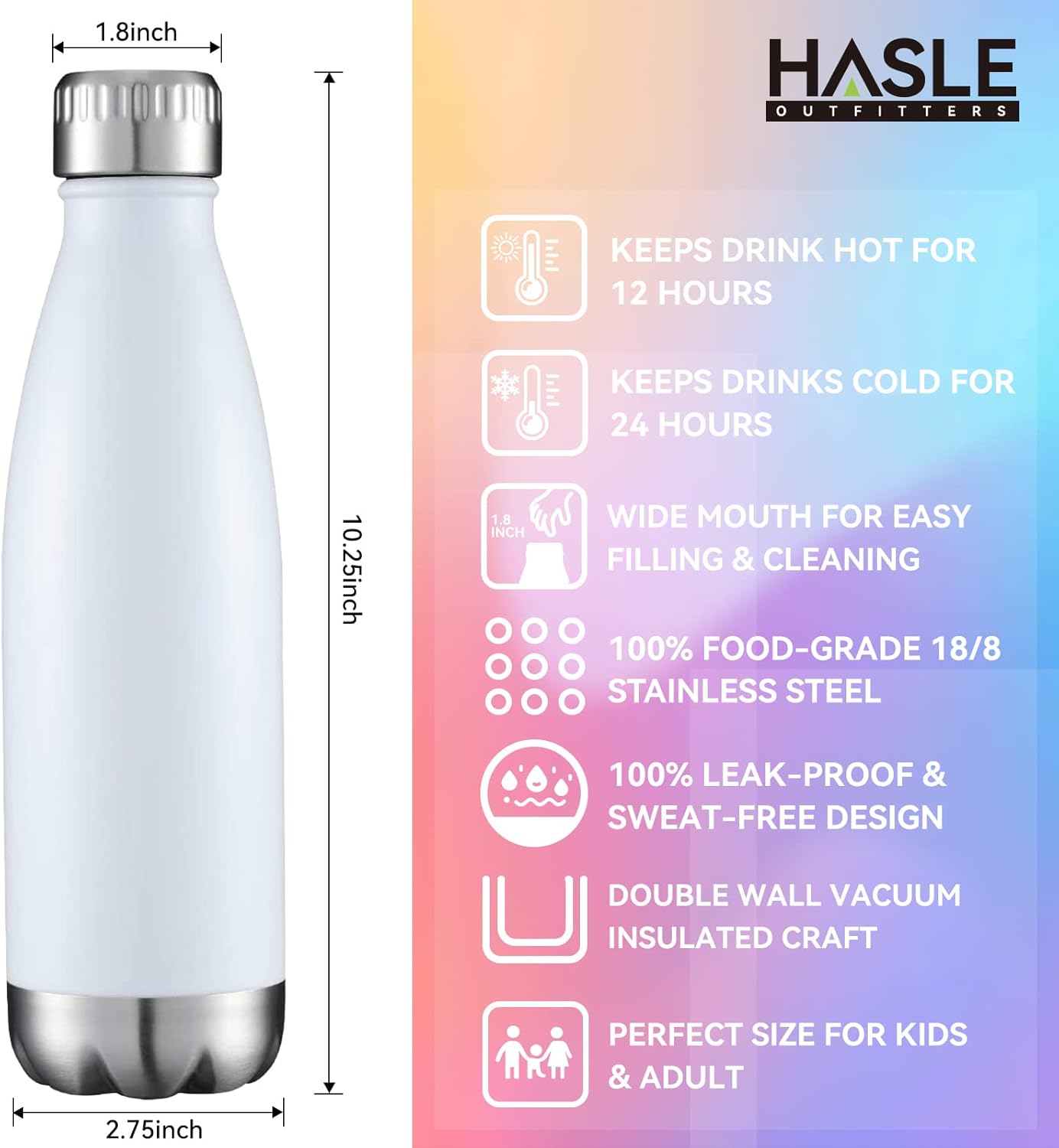 HASLE OUTFITTERS 17oz Stainless Steel Water Bottles Bulk, Vacuum Insulated Water Bottles Double Walled Powder Coated Reusable Metal Sports Water Bottles Keep Drinks Hot and Cold, White, 8Packs - Image 5