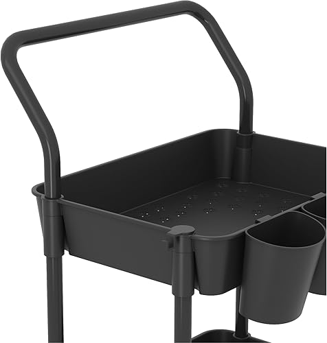 Miniatura 8 de Buzowruil Carrito utilitario rodante de 3 niveles, carrito de almacenamiento con asa multiusos y ruedas de bloqueo, con cesta colgante y gancho para