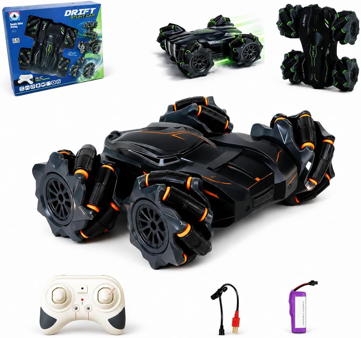 Eli & Chi Remote Control Car for Kids, 4WD RC Stunt Drift Toy, 360ยฐ Rotation, Double Sided Driving, Rechargeable High Speed Racing with LED Lights, Birthday Gift for Boys Girls 5-12 Years, Multicolour