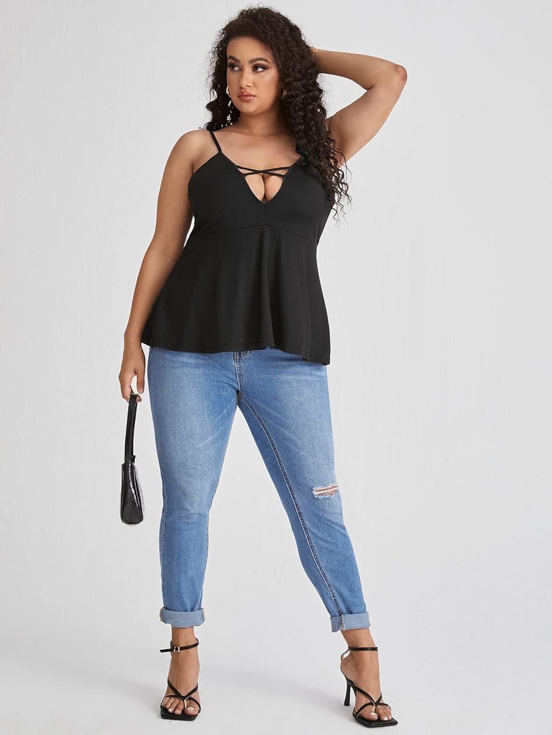 Milumia Women's Plus Size V Neck Criss Cross Spaghetti Strap Ruffle Hem Peplum Cami Tank Top - Image 5