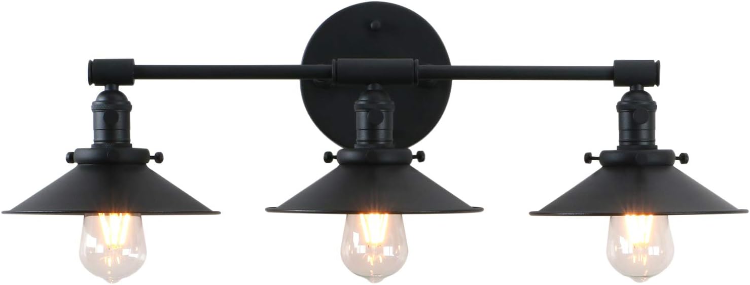 Permo Vintage Industrial Antique Three-Light Wall Sconces Lighting with Black Metal Shade (Black)