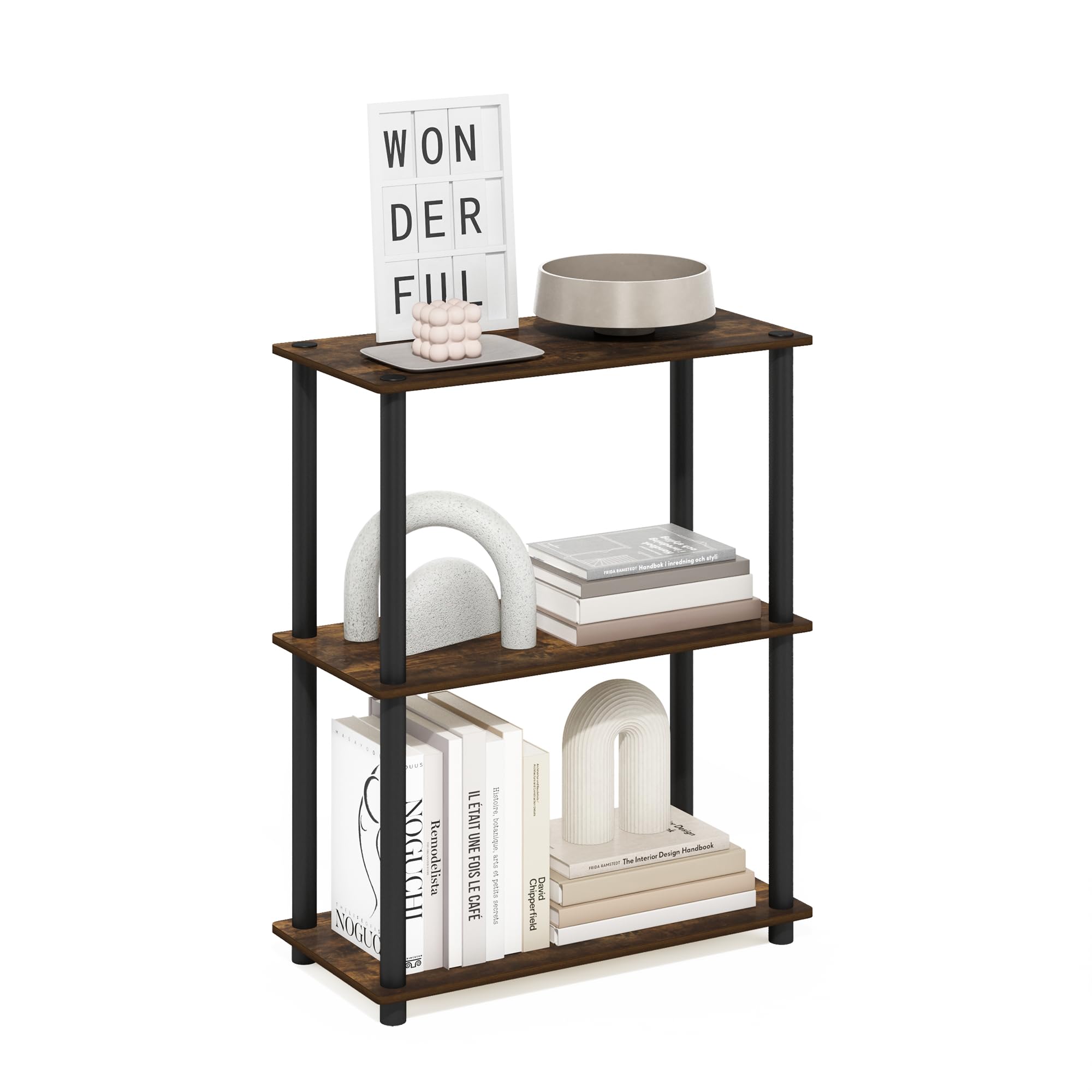 Furinno TURN-N-TUBE Storage Shelves, 3-Tier Book Shelf, Corner Shelf, Toolless Open Shelves, for Organization and Storage, Living Room, Garage, Home Office, Amber Pine