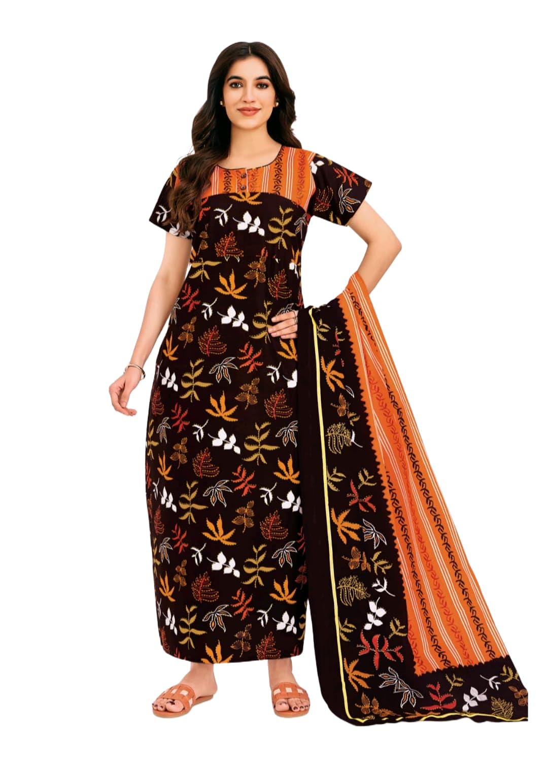 Printed Cotton Nighty with Dupatta XL Size-picture-12