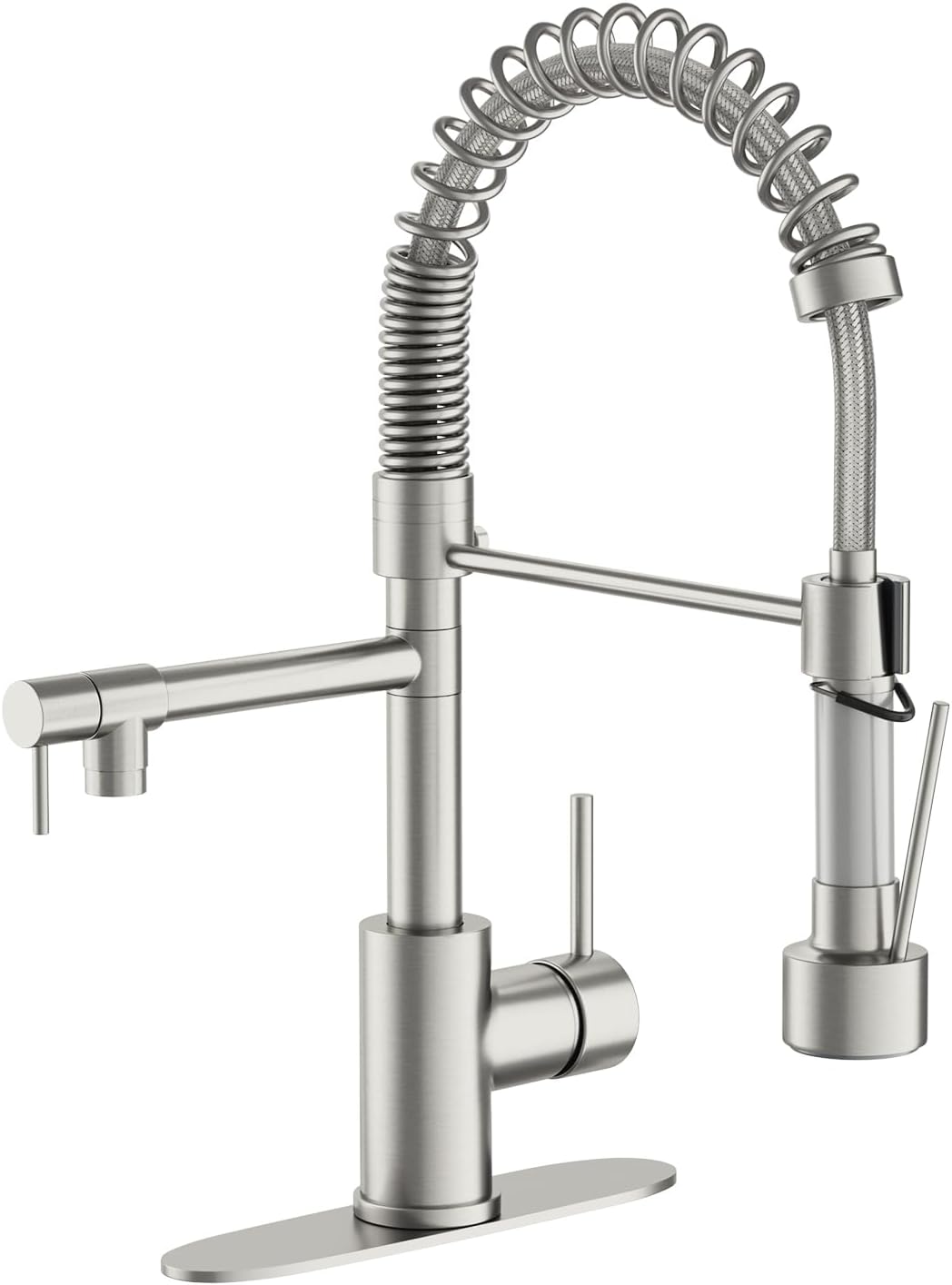 Dual Spout Kitchen Faucet with Pull Down Sprayer, Brushed Nickel Stainless Steel Commercial Sink Faucet with Pot Filler, Single Handle, 1 or 3 Hole Install, for Farmhouse RV Laundry Utility Wet Bar Brushed Nickel Dual Spout