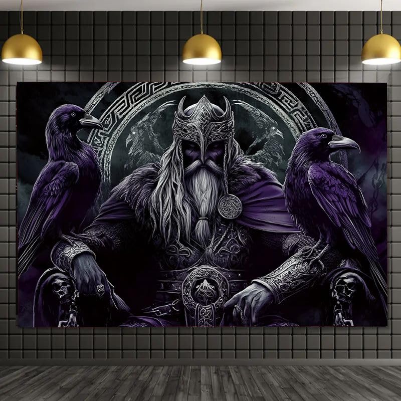 FENDROM Nordischer Wikinger-Tapisserie, Odin, Krieger, Schwert, Axt, Rabe, Wandteppich, quadratischer Knoten, Tattoo, Wandbehang, nordische Meditation, Runen für Herren, Schlafzimmer, ästhetisch,