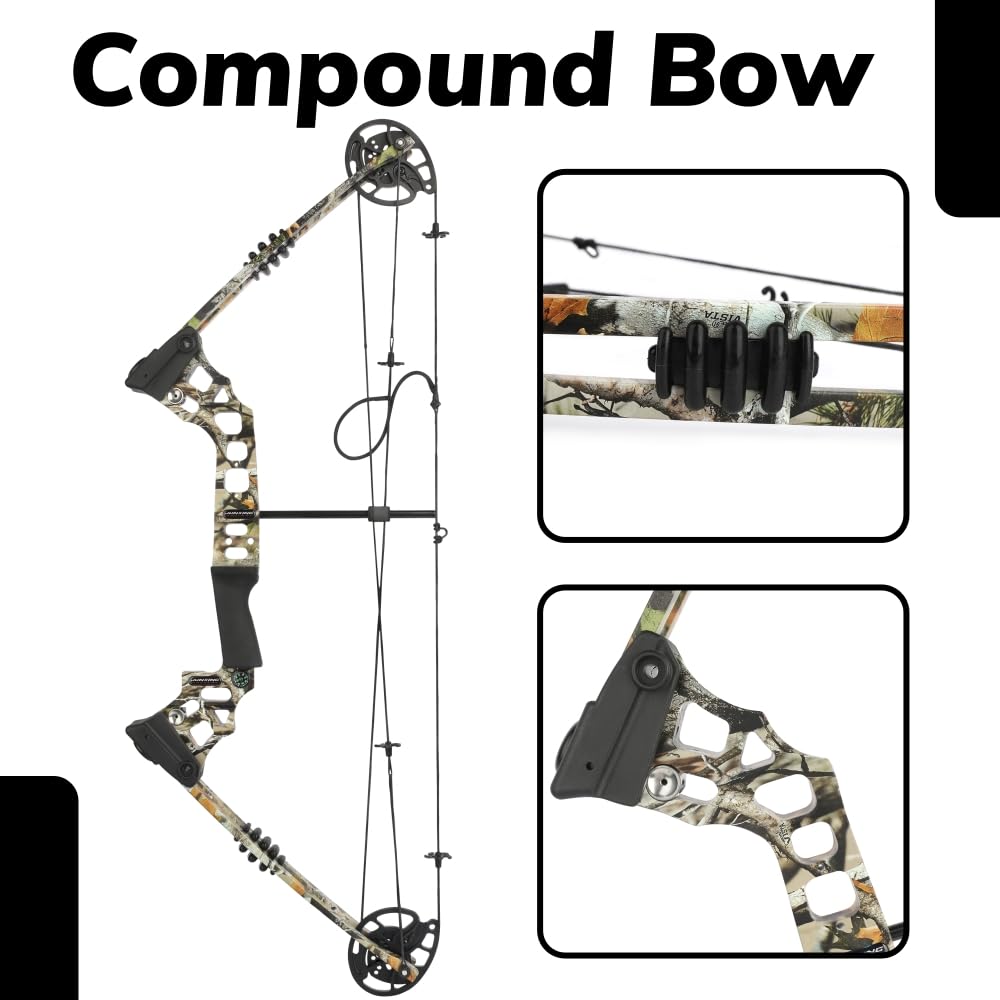 Set arco compound pronto per la caccia - Potenza di trazione 20-70 libbre, lunghezza di trazione 24“-30”, velocità 320 fps, completo di tutti gli accessori per la caccia e il tiro al bersaglio