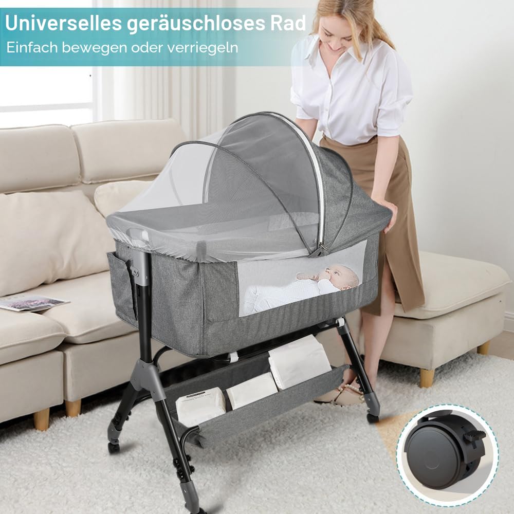 Kedia Babybett, Beistellbett, Kinderbett mit Moskitonetz, Kinderreisebett mit Rollen, 4 Höhenverstellung, Babybetten Stubenwagen, 104 * 52 * 103-115cm (grau)