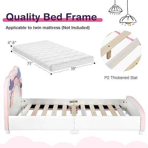 Miniatura 2 de HONEY JOY Marco de cama individual para niños, plataforma de cama individual de madera con cabecera y base de listones, no necesita somier, muebles