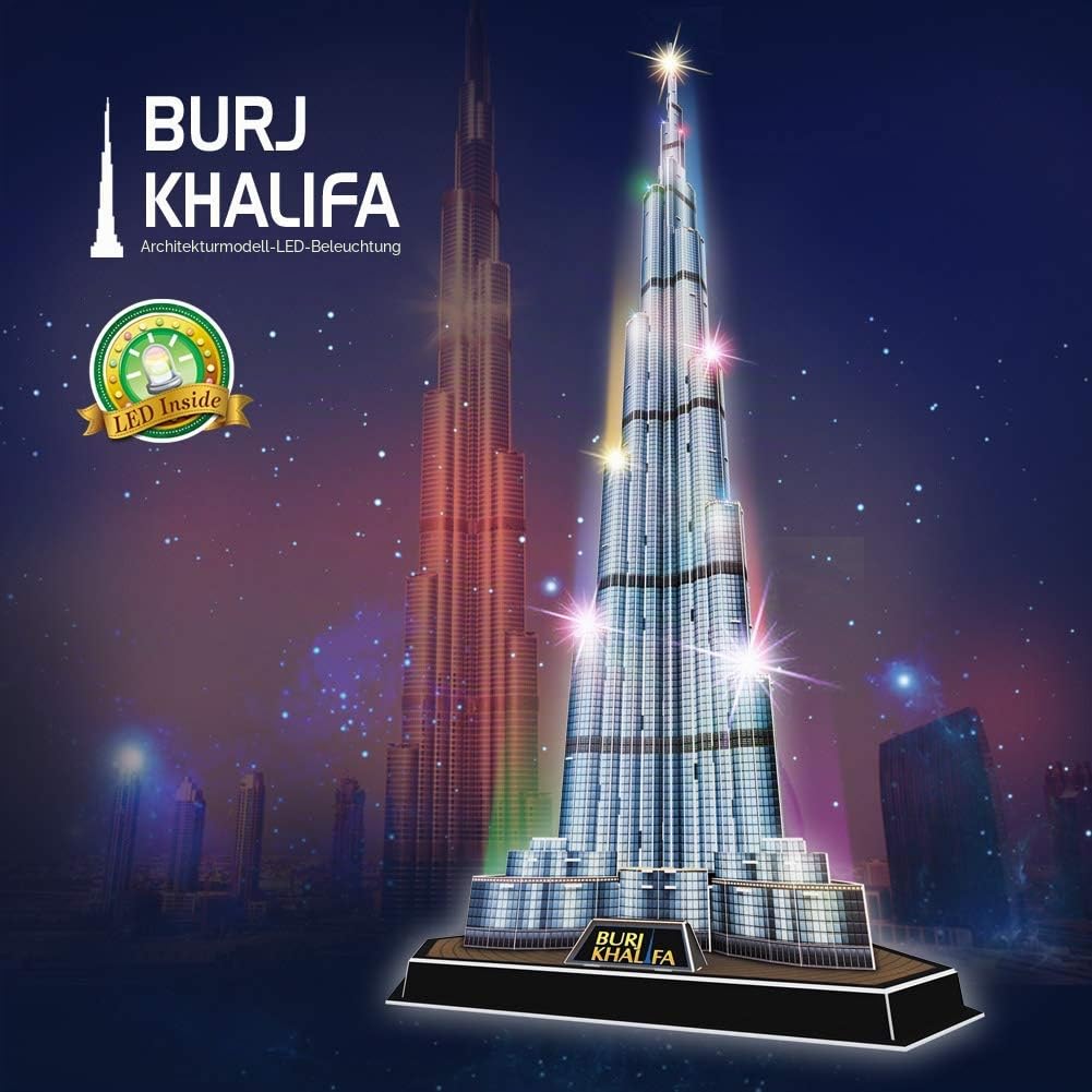 CubicFun 3D Puzzle LED Dubai Burj Khalifa, 136 Teile | Modell Lichtarchitektur, Geschenk, Modellbausatz Erwachsene Kinder,Modellbau, Bausatz Erwachsene